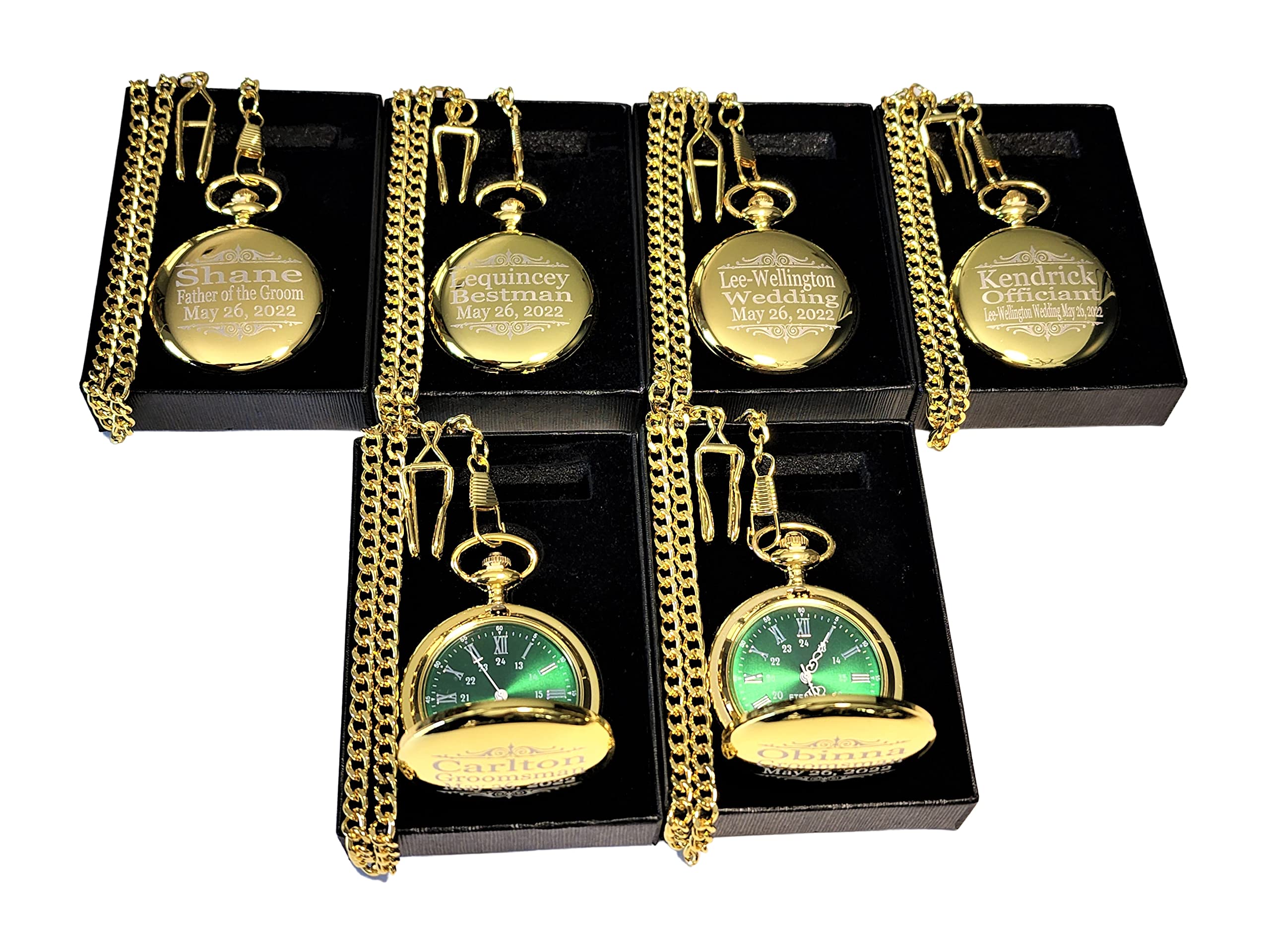 Personalized Silver Pocket Watch Set with Green Dial & Roman Numerals - Custom Engraved Wedding Gift for Him/Her - Includes Chain & Fitted Box - Perfect for Anniversaries, Engagements & Special Occasions