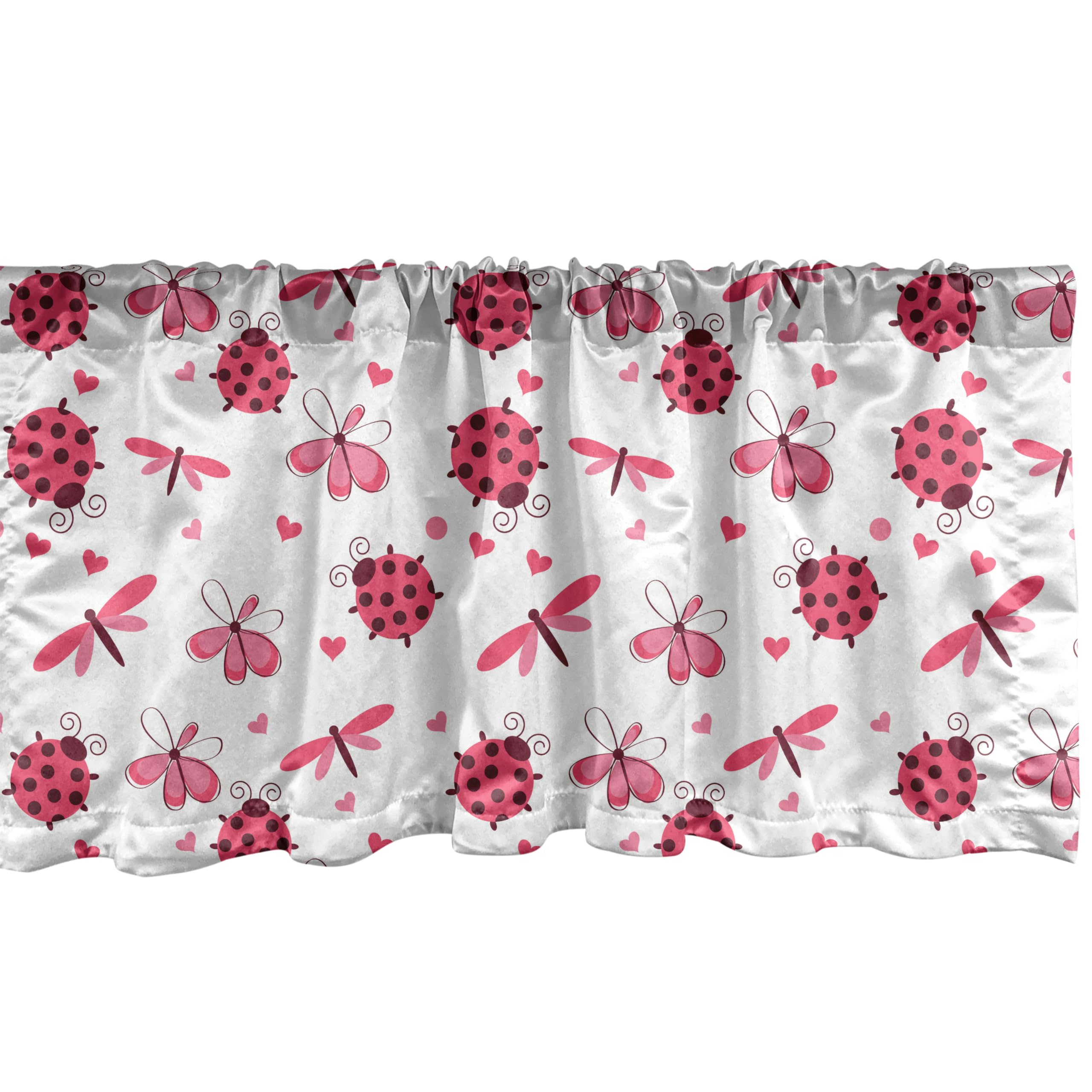 Ambesonne Ladybugs Window Valance Set of 2 - Romantic Round Ladybug Design with Hearts, Flowers & Dragonflies - Rod Pocket Kitchen & Bedroom Curtain Valances 54x12 Inches - White & Pink - Perfect for Farmhouse Decor & Nursery Windows