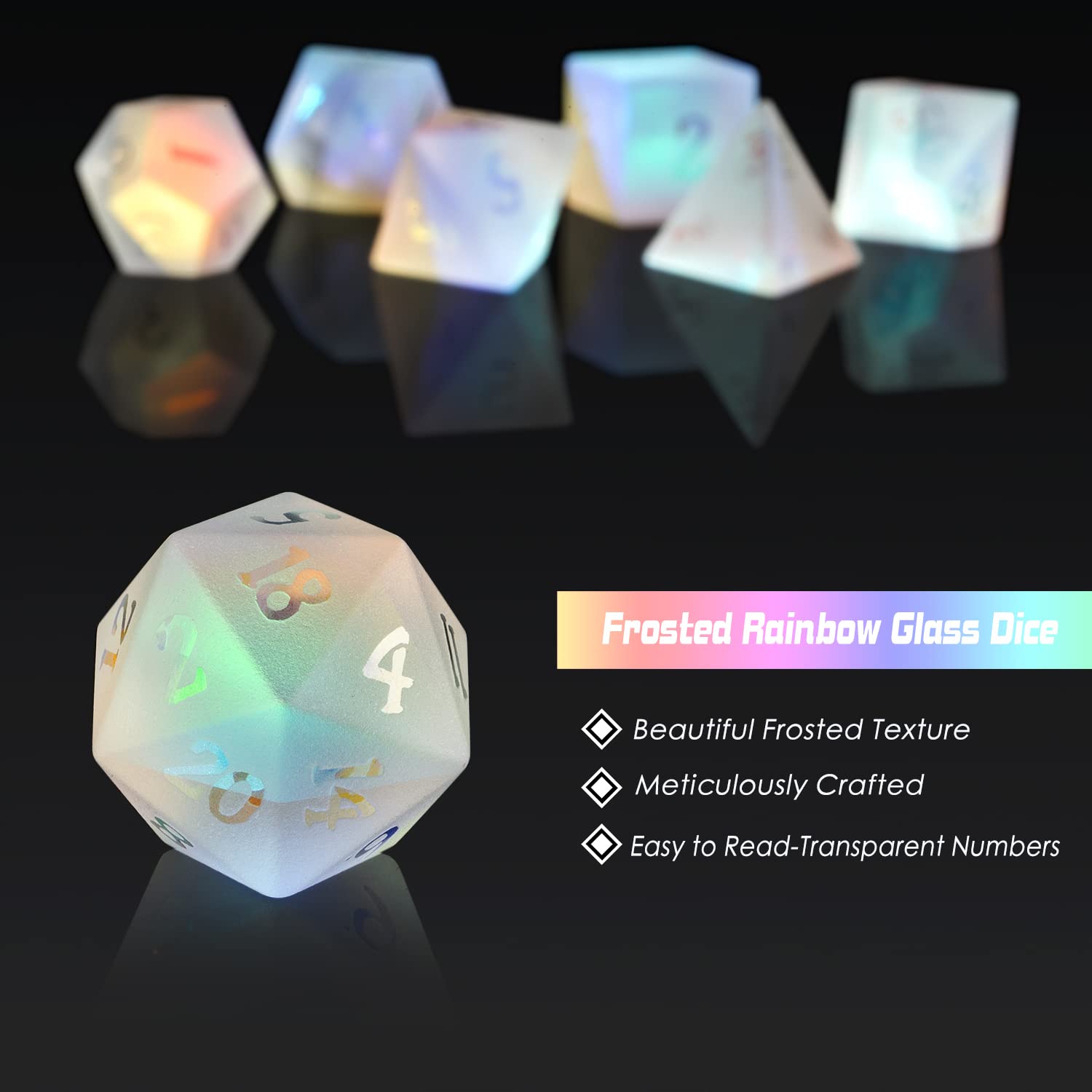 Frosted Rainbow Glass Dice Set - 7-Piece DND Dice for Dungeons & Dragons, Tabletop RPG Games | Durable Matt Glass D&D Dice with Gift Box | Perfect for Gifts, Campaigns & Collectors