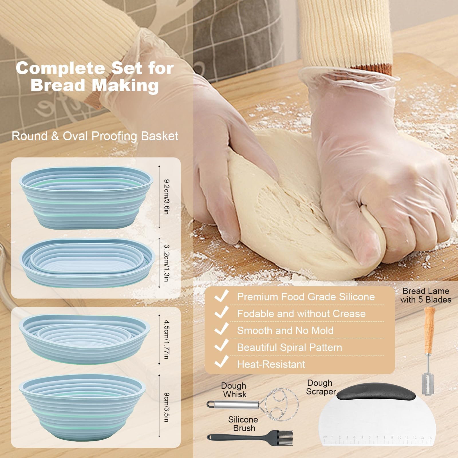 Premium Sourdough Bread Baking Kit - 2-Pack Silicone Banneton Proofing Baskets (9