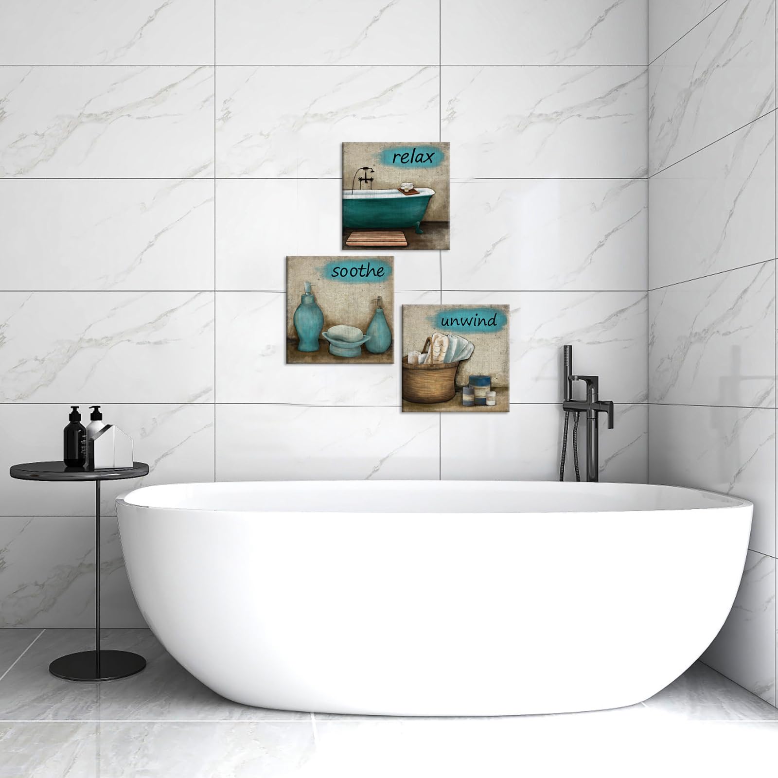 iHAPPYWALL 3-Piece Bathroom Wall Art Set - Teal Bathtub Canvas Prints, Framed & Ready to Hang | Spa Decor for Relaxation, Bath Towel Storage & Modern Bathroom Decor