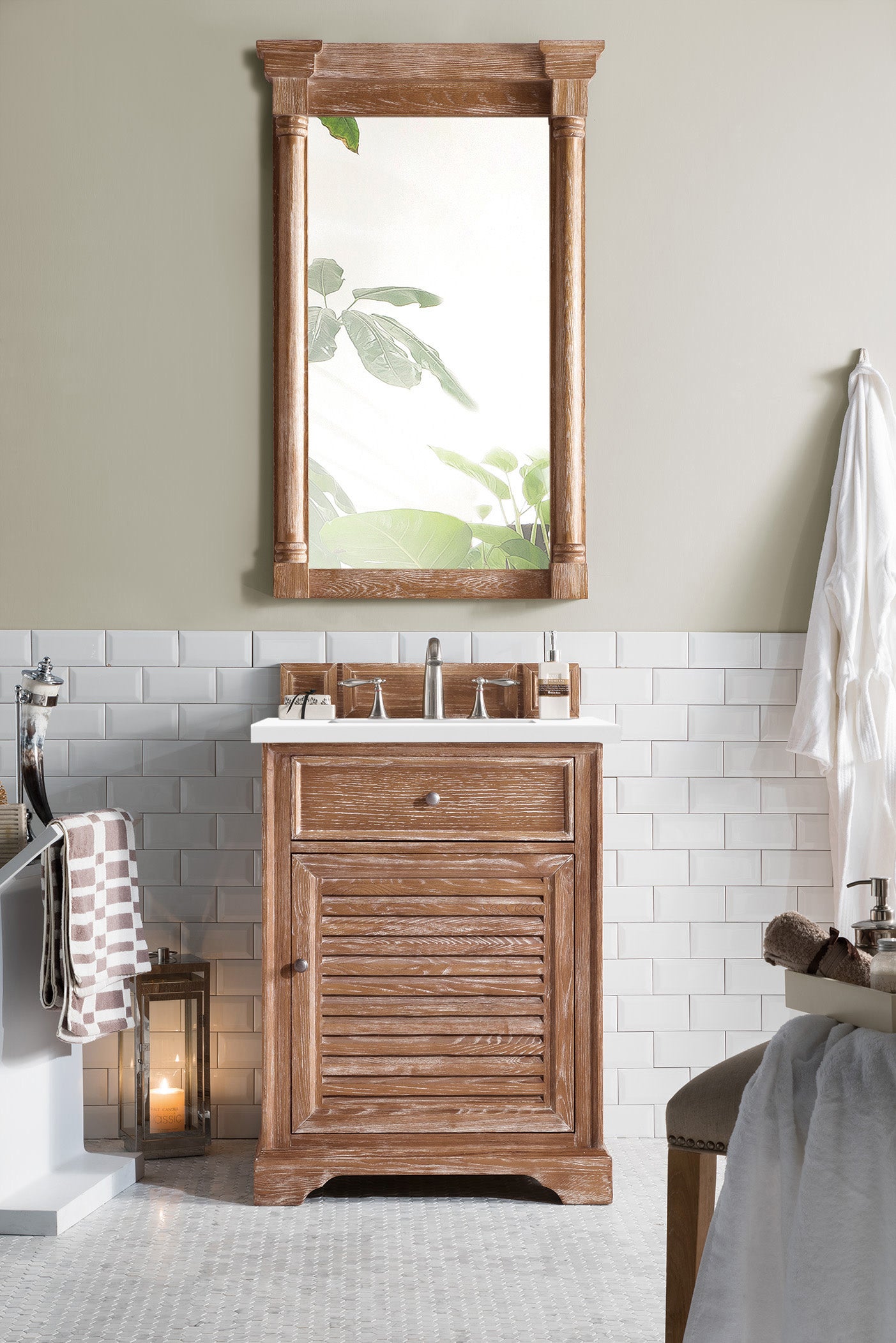 Savannah 26 Inch Single Vanity Cabinet with 3CM Classic White Quartz Top - Driftwood Finish for Bathroom Makeover | Space-Saving Storage Solution for Small Bathrooms