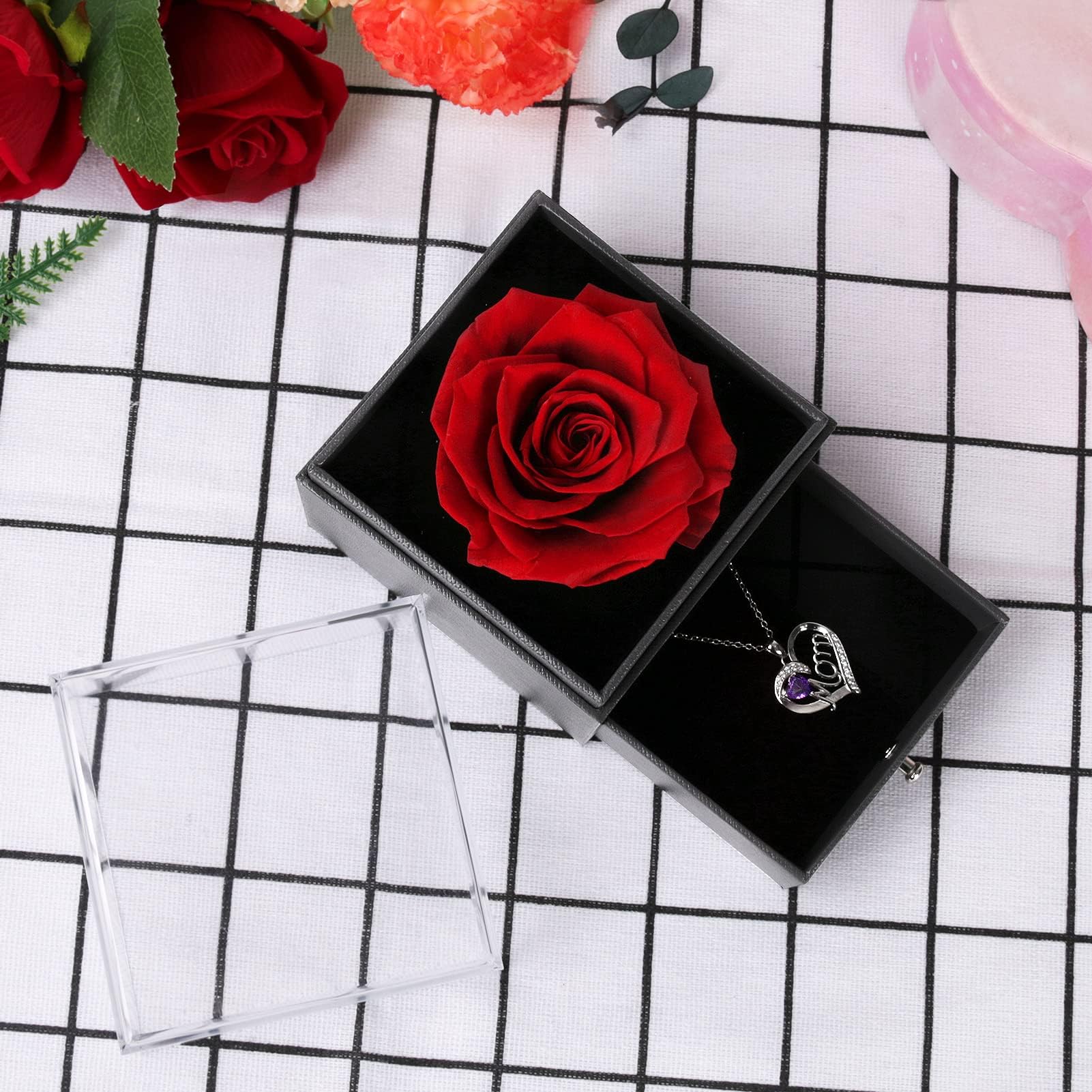 Mother's Day Rose Gift Set for Mom - Preserved Red Roses in Glass Dome with Heart Necklace - Birthday, Anniversary, Valentine's Day Gifts for Women, Wife, Grandma - Perfect for Home Decor, Romantic Surprise & Special Occasions