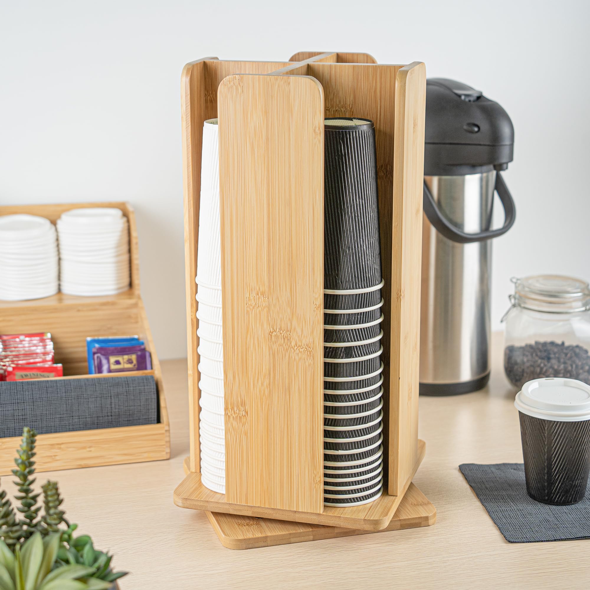 Restaurantware Restpresso 9 x 18 Inch Coffee Cup and Lid Organizer - 4-Section Revolving Bamboo Cup Holder for Restaurants, Homes & Offices | Space-Saving Countertop Solution for Coffee Shops, Break Rooms & Cafés