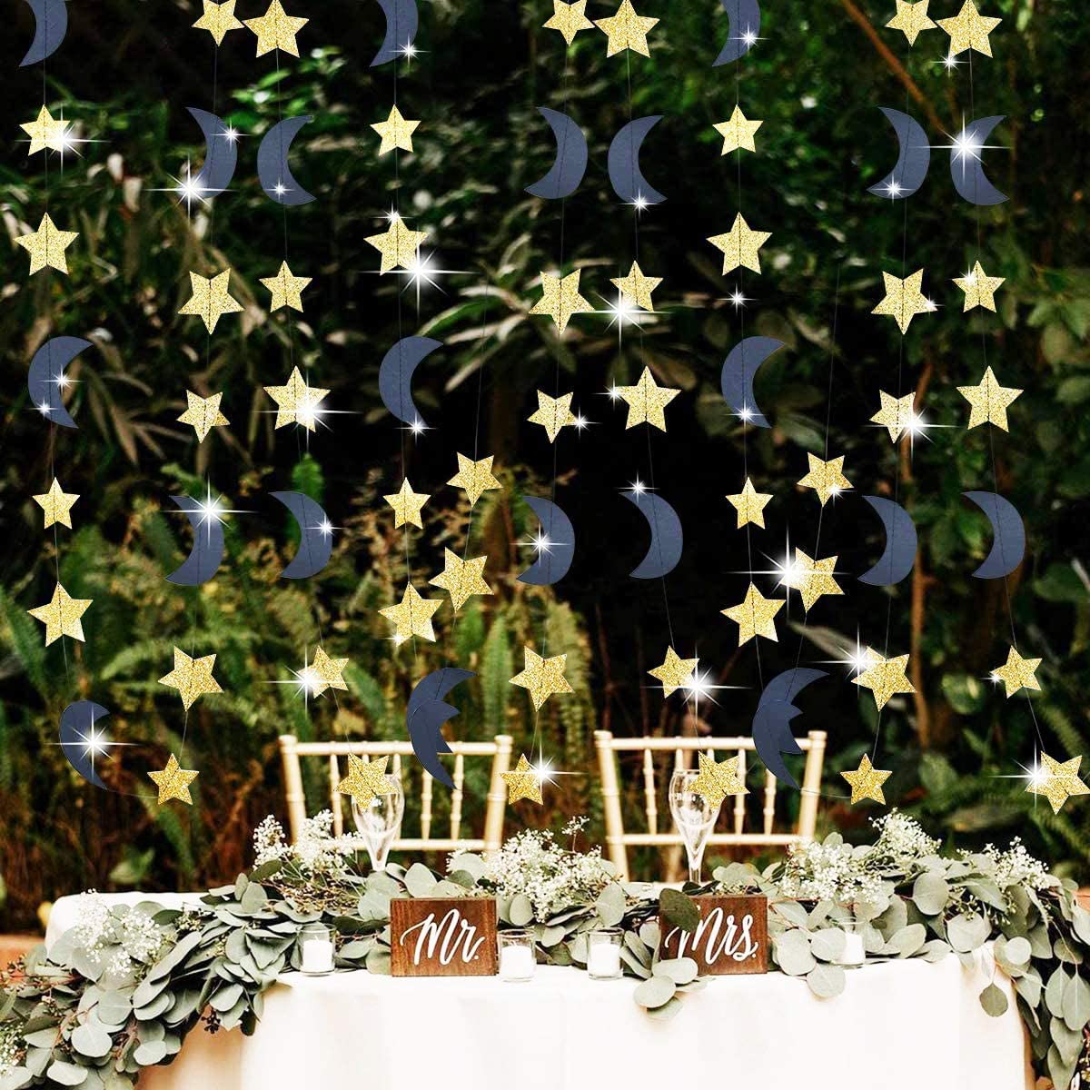 Moon and Star Garland Decorations - Navy Gold Glitter Outer Space Themed Party Decor for Weddings, Baby Showers & Birthdays | Perfect for Ceiling, Wall & Backdrop Decorations