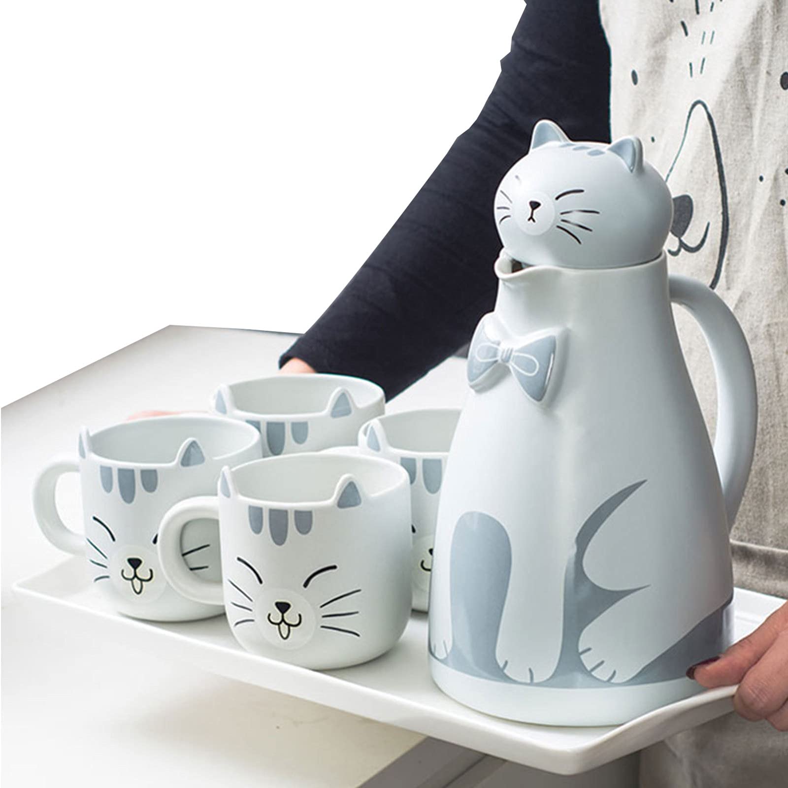 Hand-Painted Ceramic Tea Pot and Mug Set of 6 (1 Pot + 4 Cups) - Grey Breakfast Tea, Coffee & Milk Serving Set - Perfect for Morning Tea Time, Afternoon Coffee Break & Family Gatherings