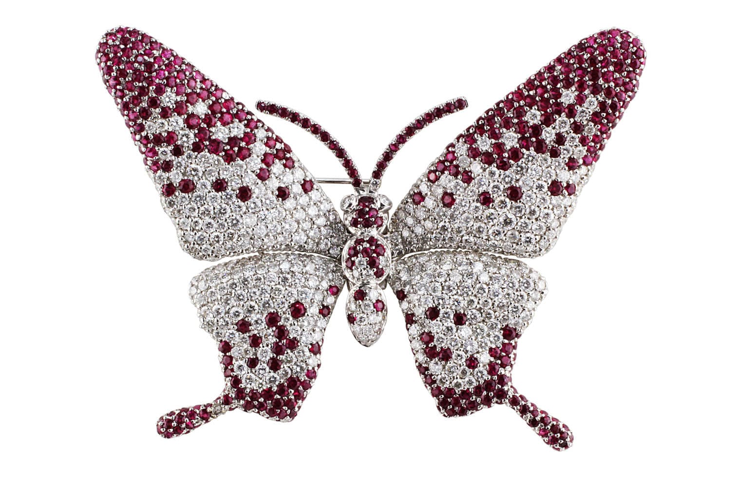 18K White Gold Diamond and Ruby Butterfly Brooch Pin - Elegant Jewelry Gift for Women, Perfect for Weddings, Parties & Special Occasions