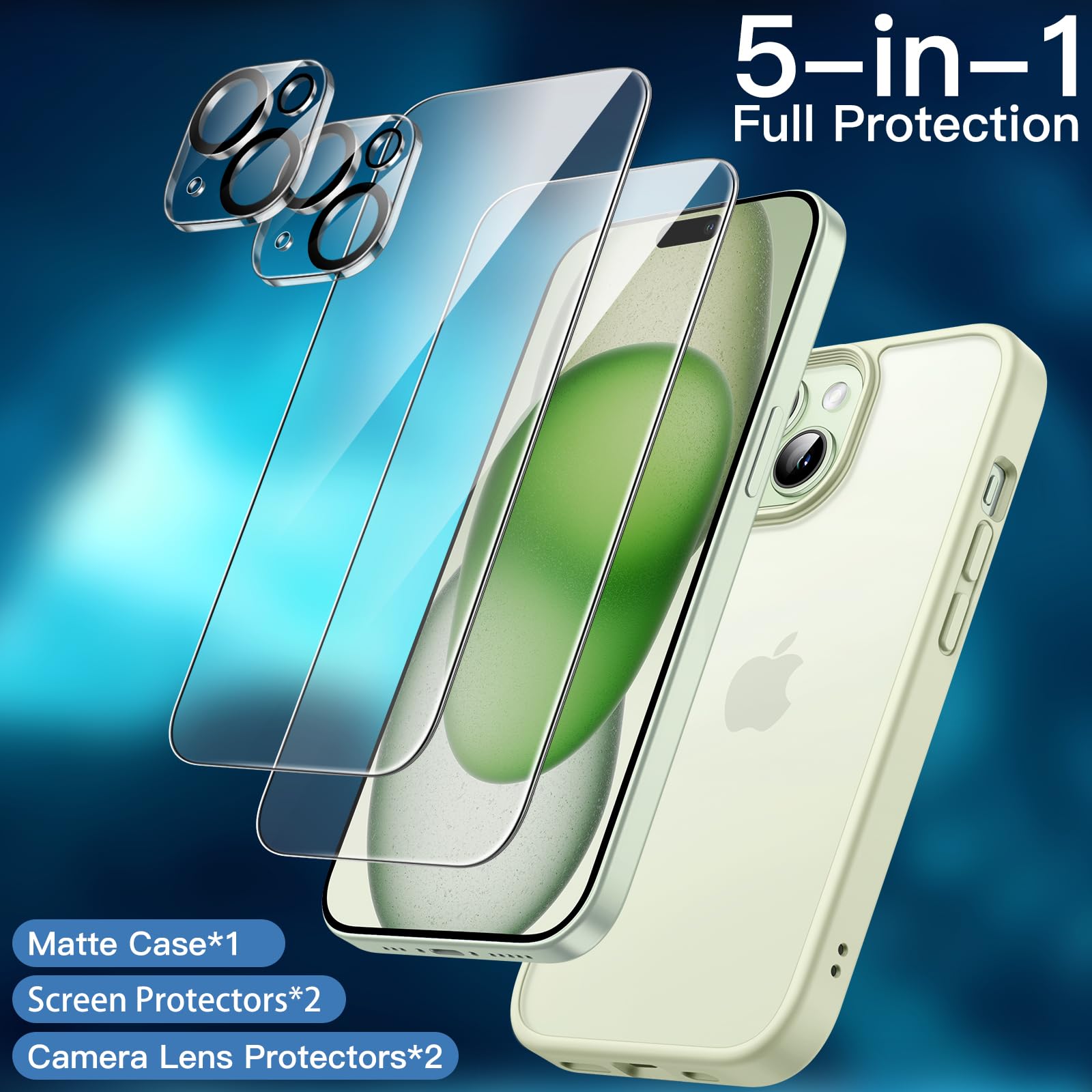 JETech 5-in-1 Matte Protective Case for iPhone 15 Plus 6.7-Inch | 2-Pack Tempered Glass Screen Protectors + Camera Lens Protector | Shockproof Translucent Back Cover (Green) - Perfect for Everyday Use, Travel & Outdoor Activities