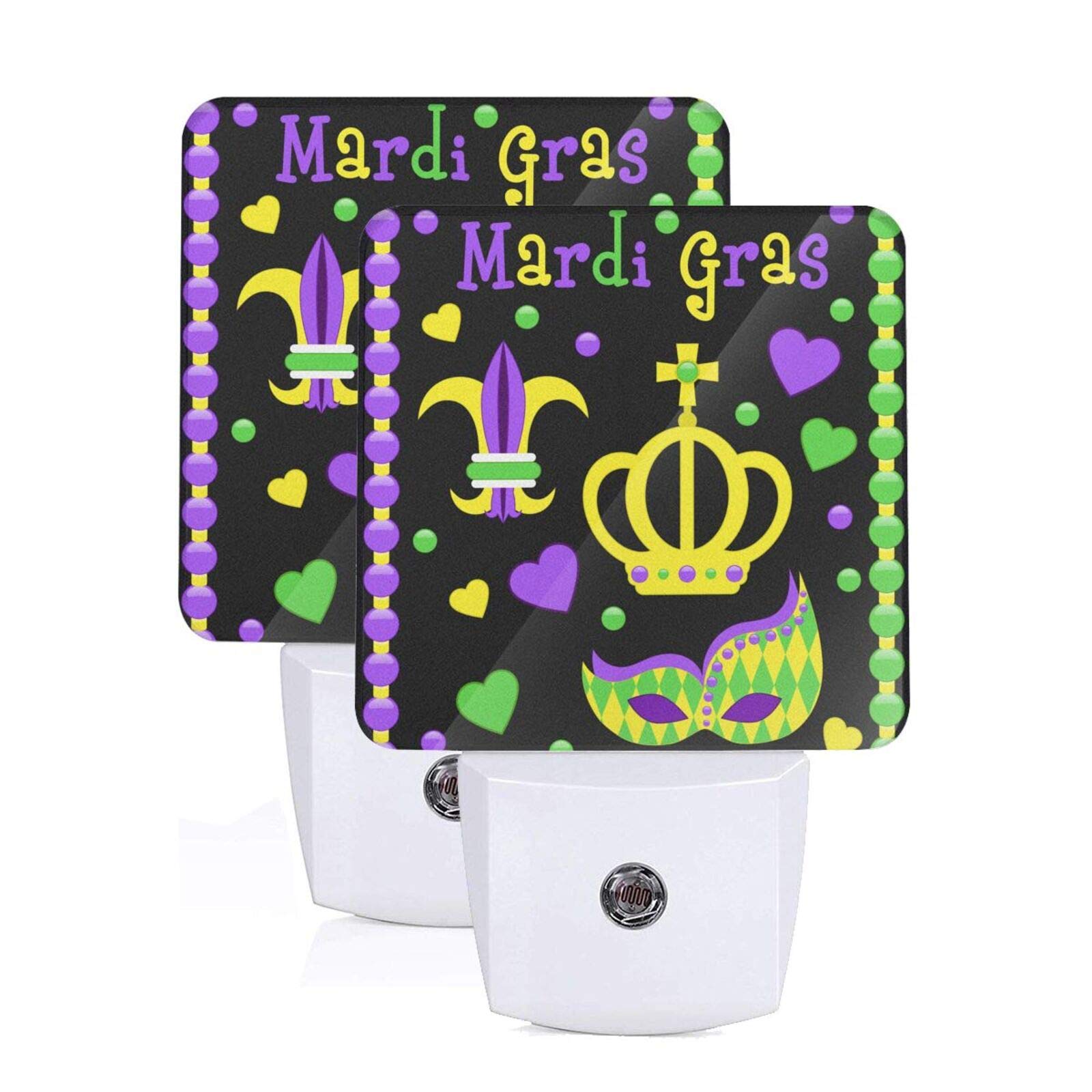 2-Piece Mardi Gras Mask Crown LED Night Light with Auto Dusk-to-Dawn Sensor, Plug-in Decorative Bed Lamp for Kids & Adults - Perfect for Bedrooms, Nurseries, and Party Decorations
