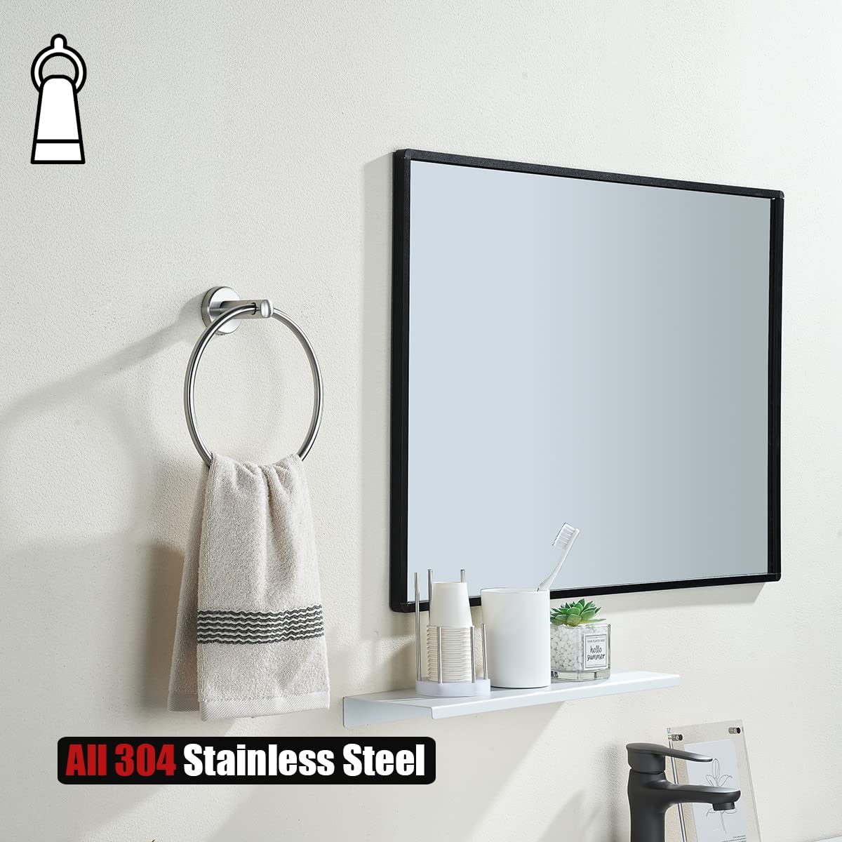 JQK 304 Stainless Steel Bathroom Towel Ring - Brushed Nickel Wall Mount Hand Towel Holder TR130-BN for Bath, Kitchen & Guest Room Decor