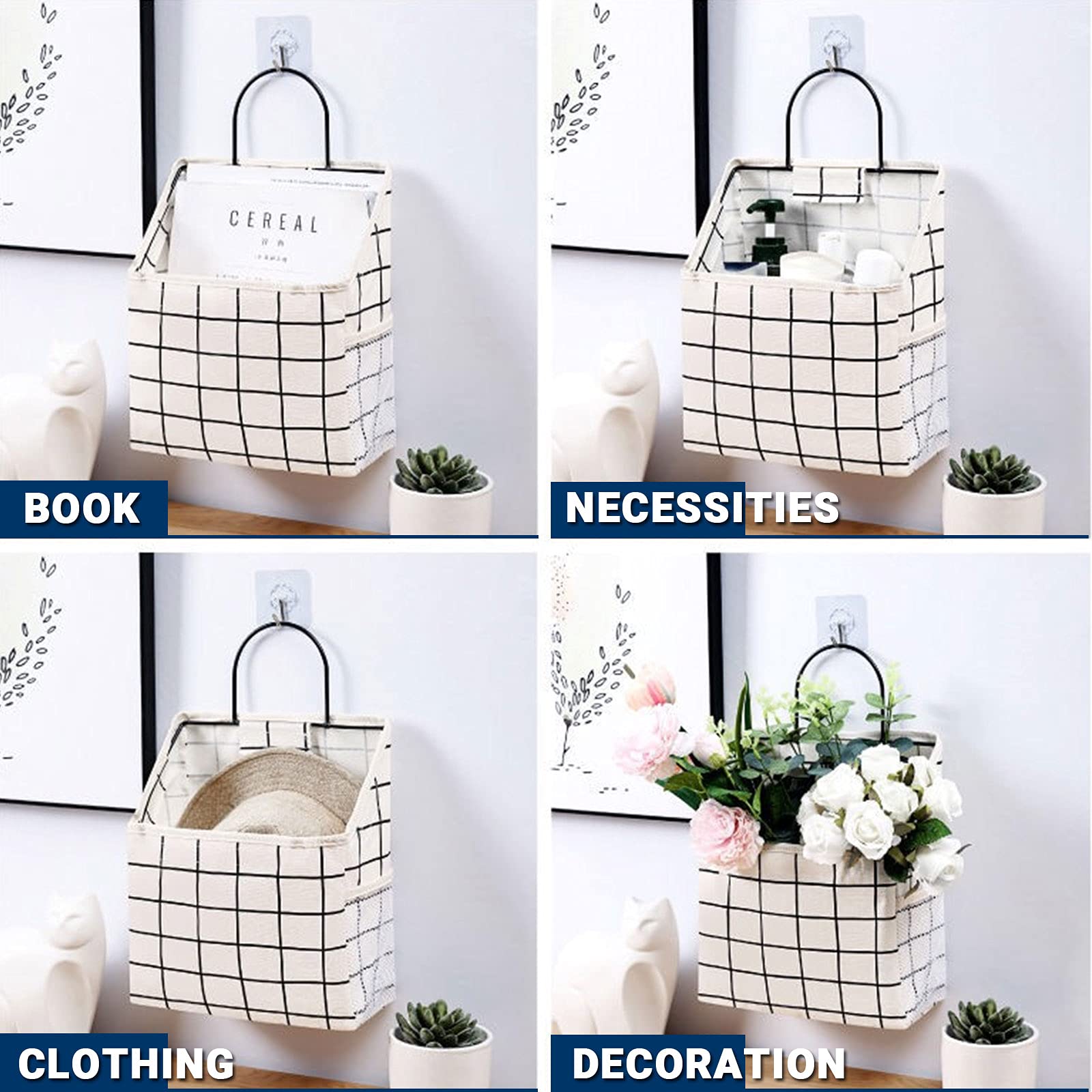 2Pcs Wall Hanging Storage Bags with Hooks - Cotton Linen Storage Shelves & Basket Organizers for Kitchen, Bedroom, Bathroom - Perfect for Storing Towels, Toys & Home Essentials
