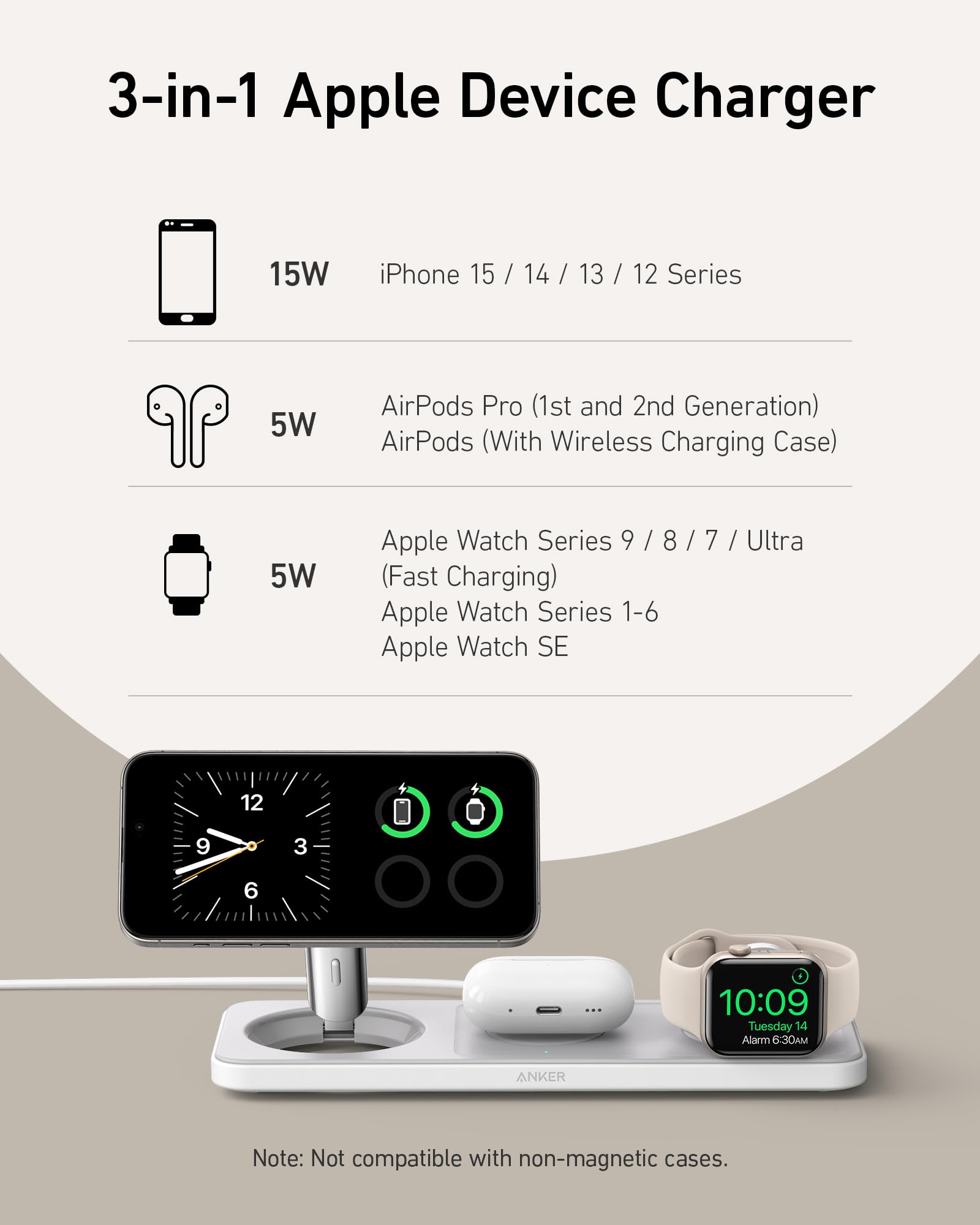 Anker 3-in-1 Foldable Wireless Charging Station for iPhone 16/15/14 Series | Qi2 Certified 15W Fast Charger with MagSafe | Compatible with AirPods & Apple Watch | Includes USB-C Adapter | Perfect for Home, Office & Travel Charging Needs