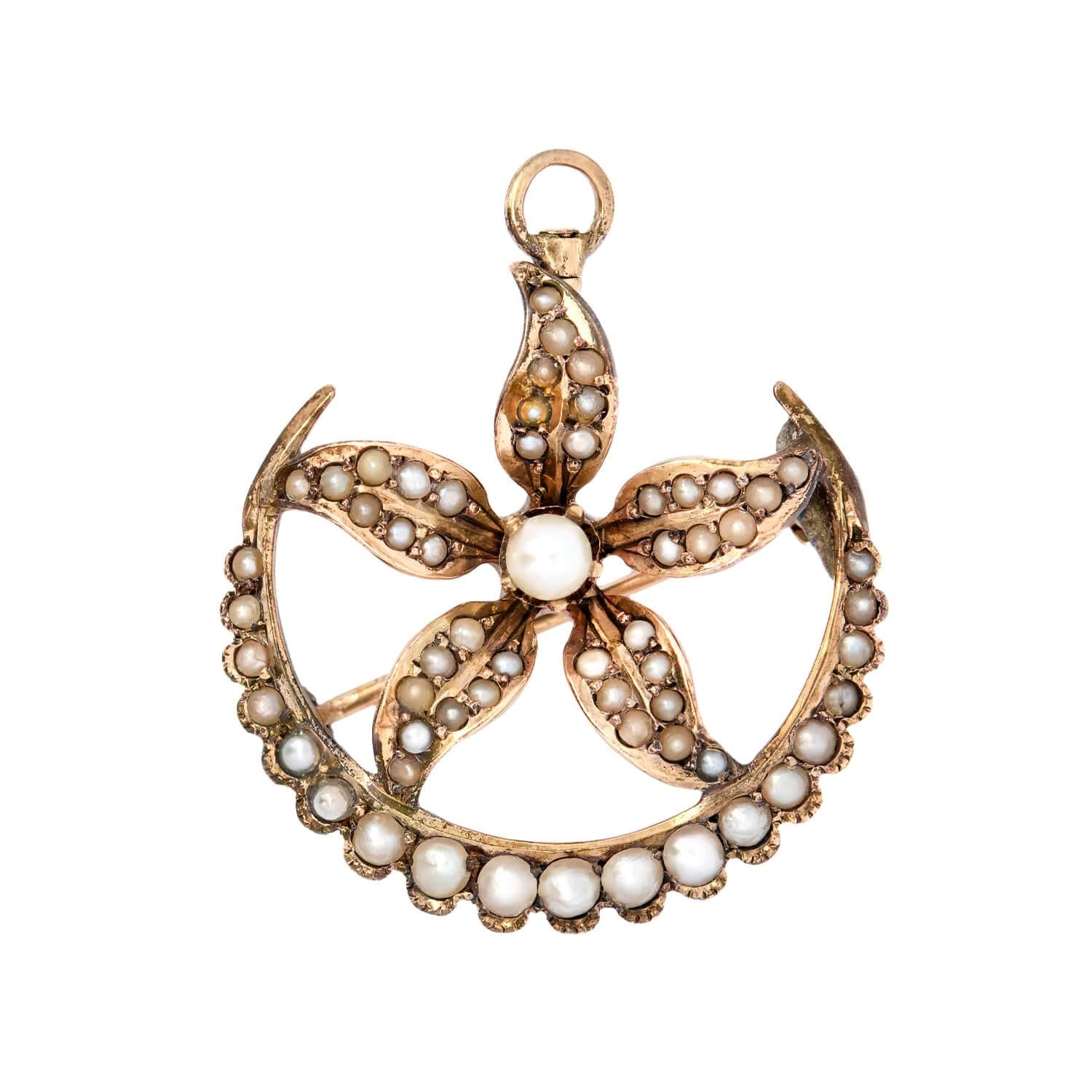 Victorian Style 14k Gold Pearl Flower & Crescent Moon Brooch Pendant - Elegant Vintage Jewelry for Weddings, Parties & Special Occasions