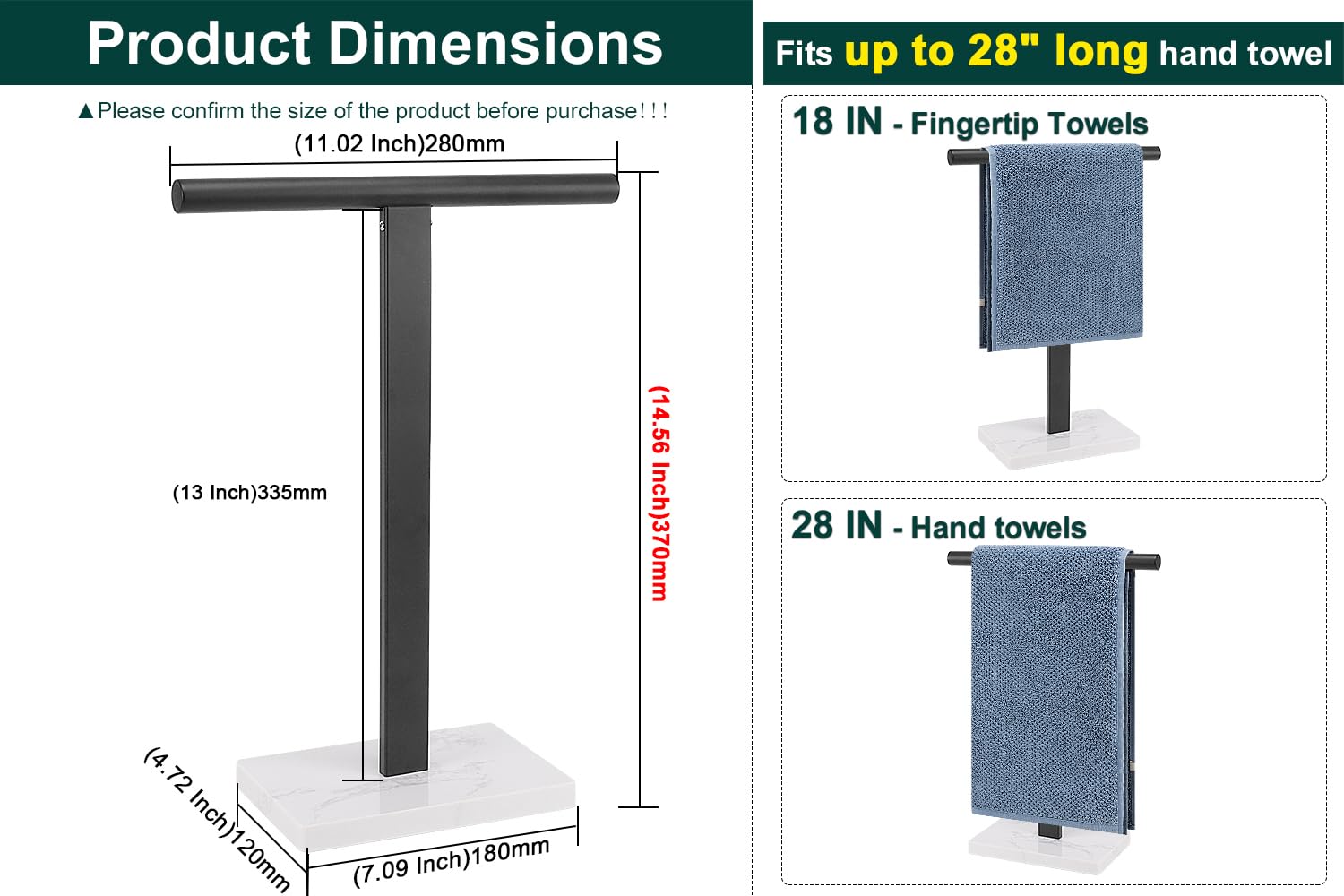 Stainless Steel T-Shape Hand Towel Holder Stand - 14 Inch Bathroom & Kitchen Towel Rack with Marble Base (Black) | Perfect for Vanity Countertops, Sink Areas & Guest Bathrooms