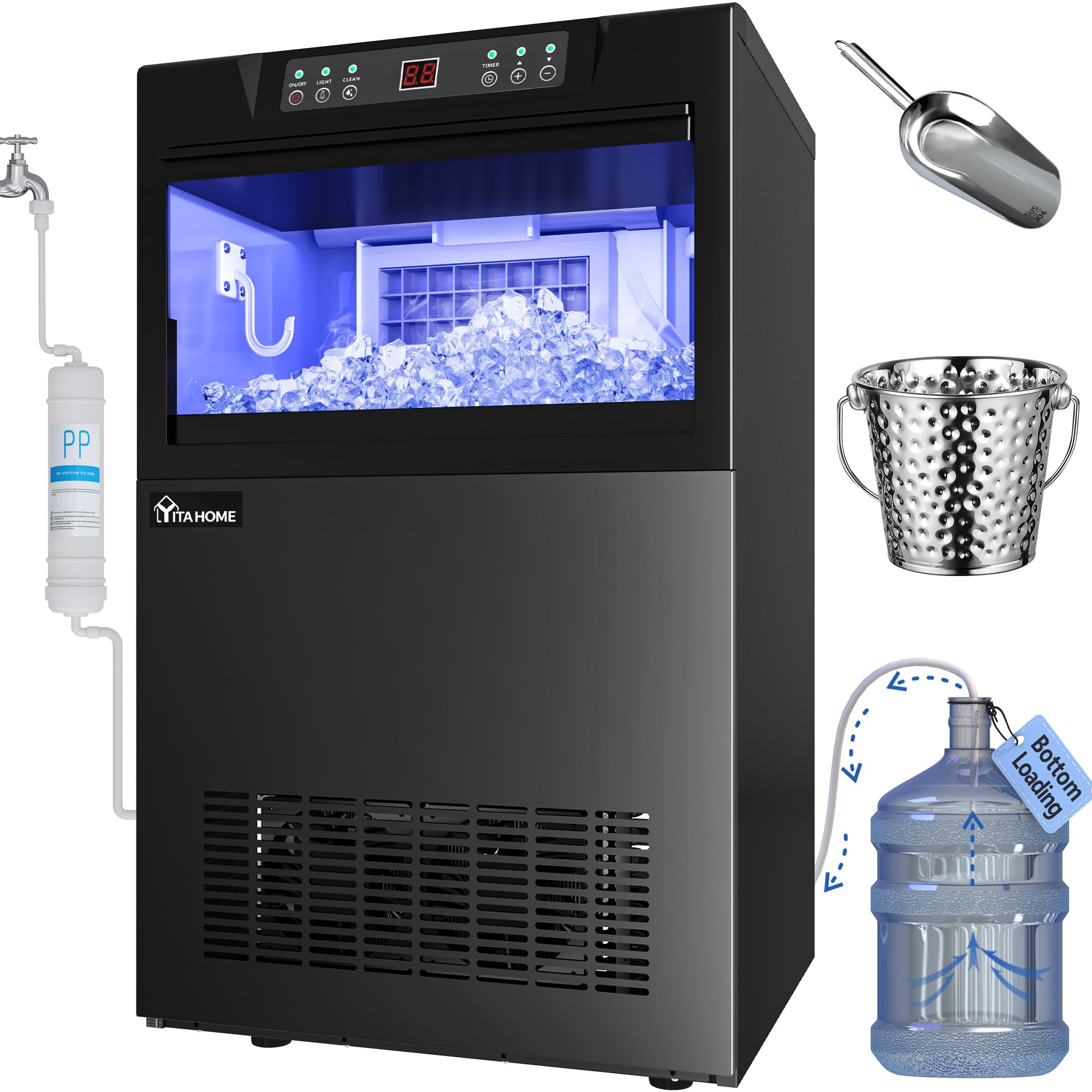 YITAHOME 2-Way Water Inlet Commercial Ice Maker Machine - 100LBS/24H Production, 33LBS Storage Bin - Under Counter or Freestanding Ice Machine with Stainless Steel Ice Scoop & Bucket - Perfect for Restaurants, Bars, Cafes, and Home Use