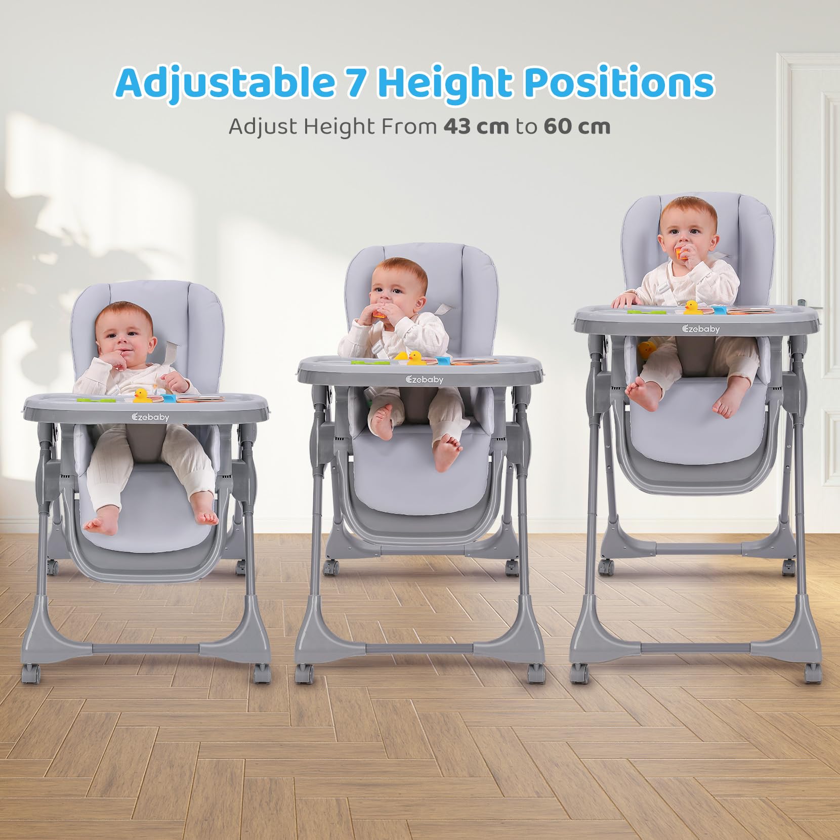 Ezebaby Adjustable Baby High Chair with Recline - Foldable, Convertible 2-in-1 Dining Booster Seat, Portable Toddler Chair with 4 Wheels & Toy Tray - Gray | Perfect for Home, Restaurants & Travel