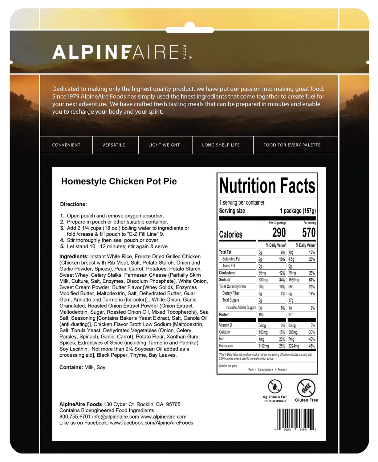Alpine Aire Homestyle Chicken Pot Pie - Easy Classic Comfort Food | Freeze-Dried Camping & Emergency Meal | Perfect for Backpacking, Hiking & Outdoor Adventures