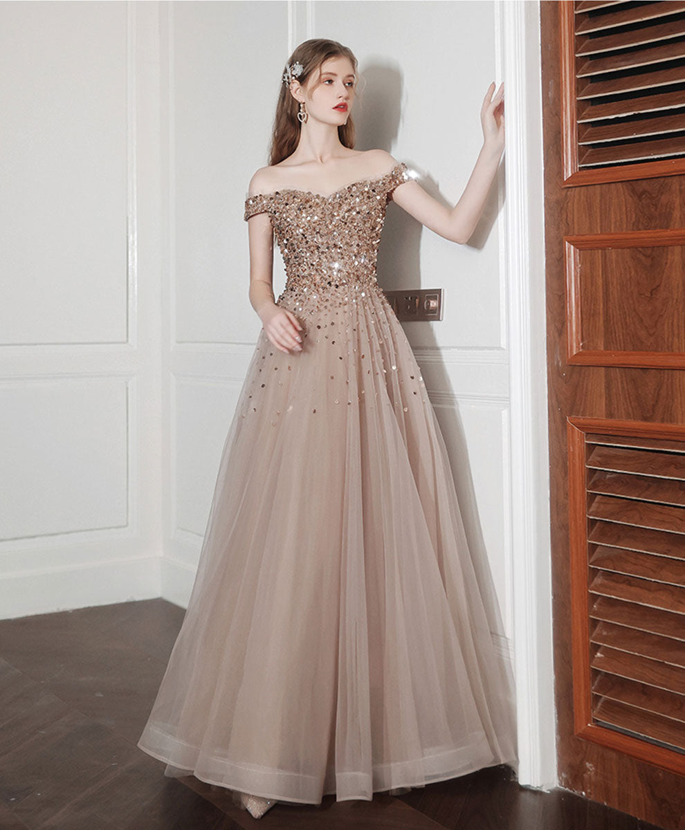Elegant Champagne A-Line Long Prom Dress with Off-Shoulder Neckline & Beaded Sequin Details - Perfect for Formal Dances, Evening Galas, and Special Occasions