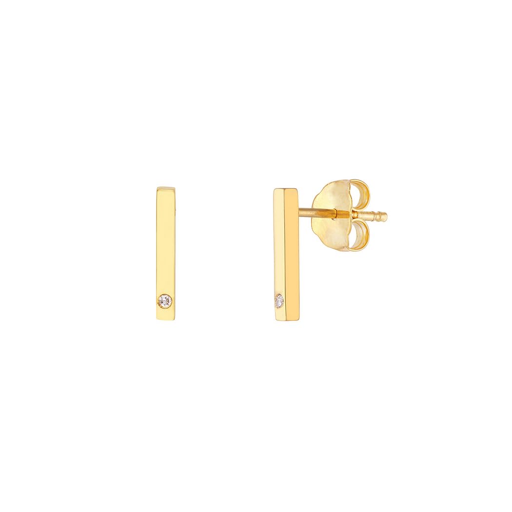 14K Gold Small Staple Stud Earrings with 0.01 Dwt Diamond - Elegant Minimalist Earrings for Women, Perfect for Everyday Wear, Office & Special Occasions