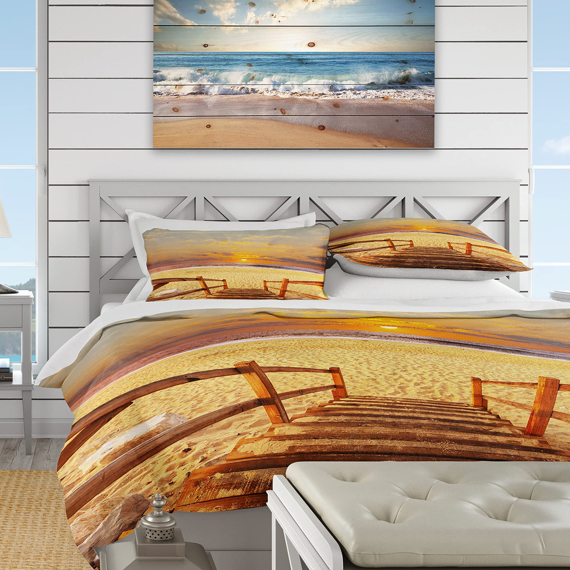 Brown Wooden Boardwalk Beach Duvet Cover Set - King Size Coastal Bedding, 3-Piece Nautical Theme All-Season Comforter Set for Beach House & Coastal Decor