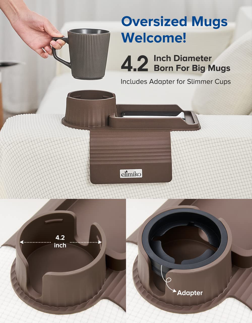 Elimiko Silicone Sofa Cup Holder Tray with Large Drink Holder - Fits Oversized Mugs, Remote, Snacks & Phone - Perfect for Living Room, Bedroom & Home Theater (Mocha Brown)