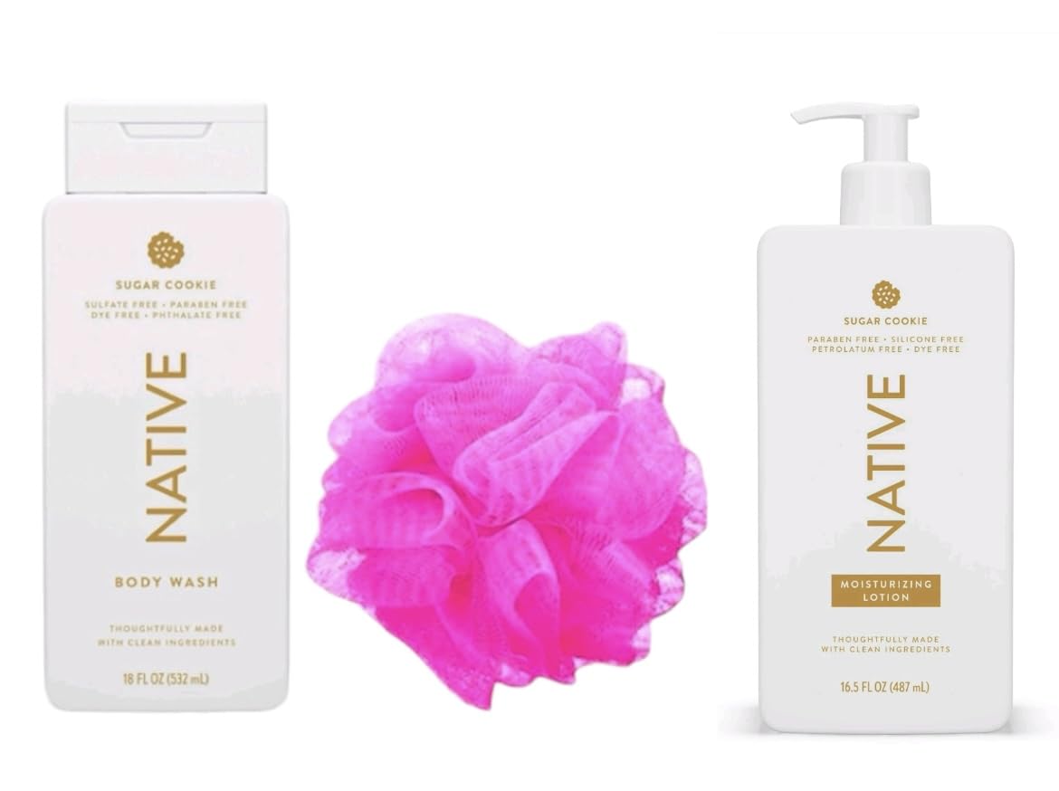 Native Limited Edition Sugar Cookie Hand & Body Lotion Set - 16.5 oz Lotion + 18 oz Body Wash + Soft Loofah Sponge (Sponge Color May Vary) | Moisturizing Gift Set for Women, Holiday & Birthday Present | Perfect for Spa Day, Self Care Routine & Relaxing Bath Time