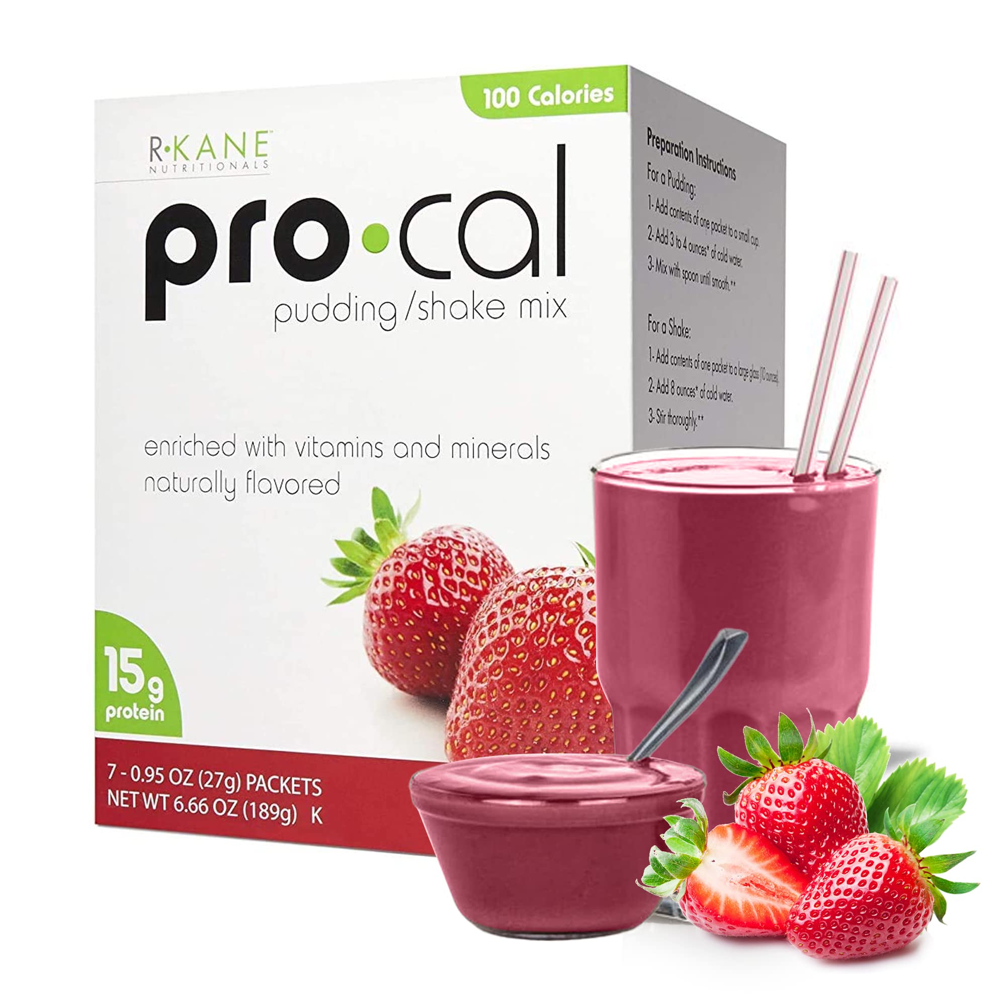 Pro-Cal Low Calorie Protein Pudding & Shake Mix - Strawberry Flavored Meal Replacement with 15g Protein (7 Packets per Box) | Kosher Certified for Healthy Weight Management - Perfect for Post-Workout Recovery, Breakfast Boost or On-the-Go Nutrition