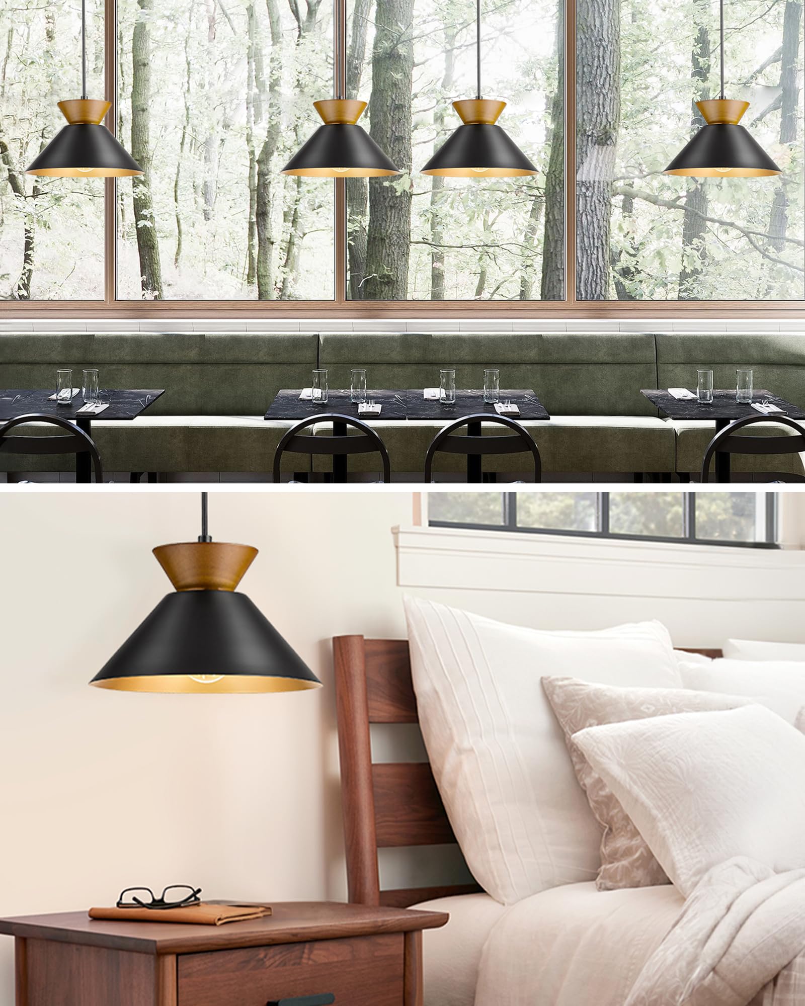 ELYONA 3 Pack Modern Pendant Lights for Kitchen Island - Solid Wood Hanging Lamps with Matte Black Metal Shade & Gold Inner Finish - Farmhouse Style Lighting Fixtures for Dining Room, Bedroom, Living Room - Perfect for Home Decor, Restaurant, and Cafe Ambiance