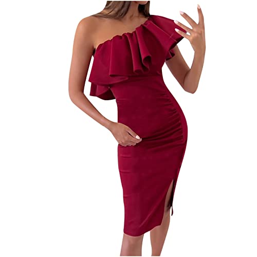 bmkBWO Women's Sexy One Shoulder Ruffle Bodycon Midi Dress - Elegant Wedding Guest, Cocktail Party & Semi-Formal Occasion Dress with High Slit | Perfect for Bridal Showers, Date Nights & Special Events