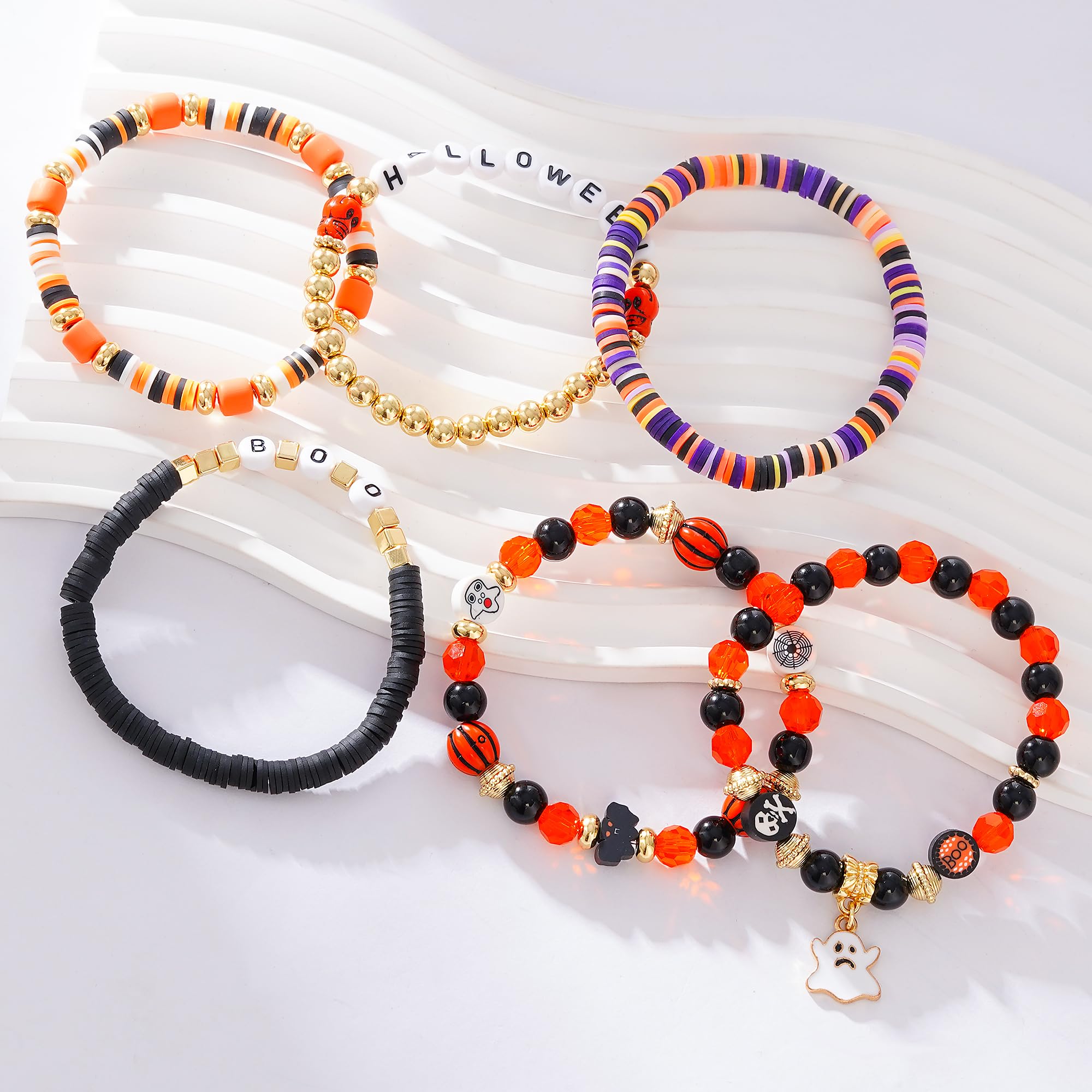 Women's Summer Surfer Heishi Beaded Bracelet Set - Stackable Gold Clay Polymer Stretch Bracelets for Layering - Perfect for Beach, Vacation & Boho Fashion Jewelry