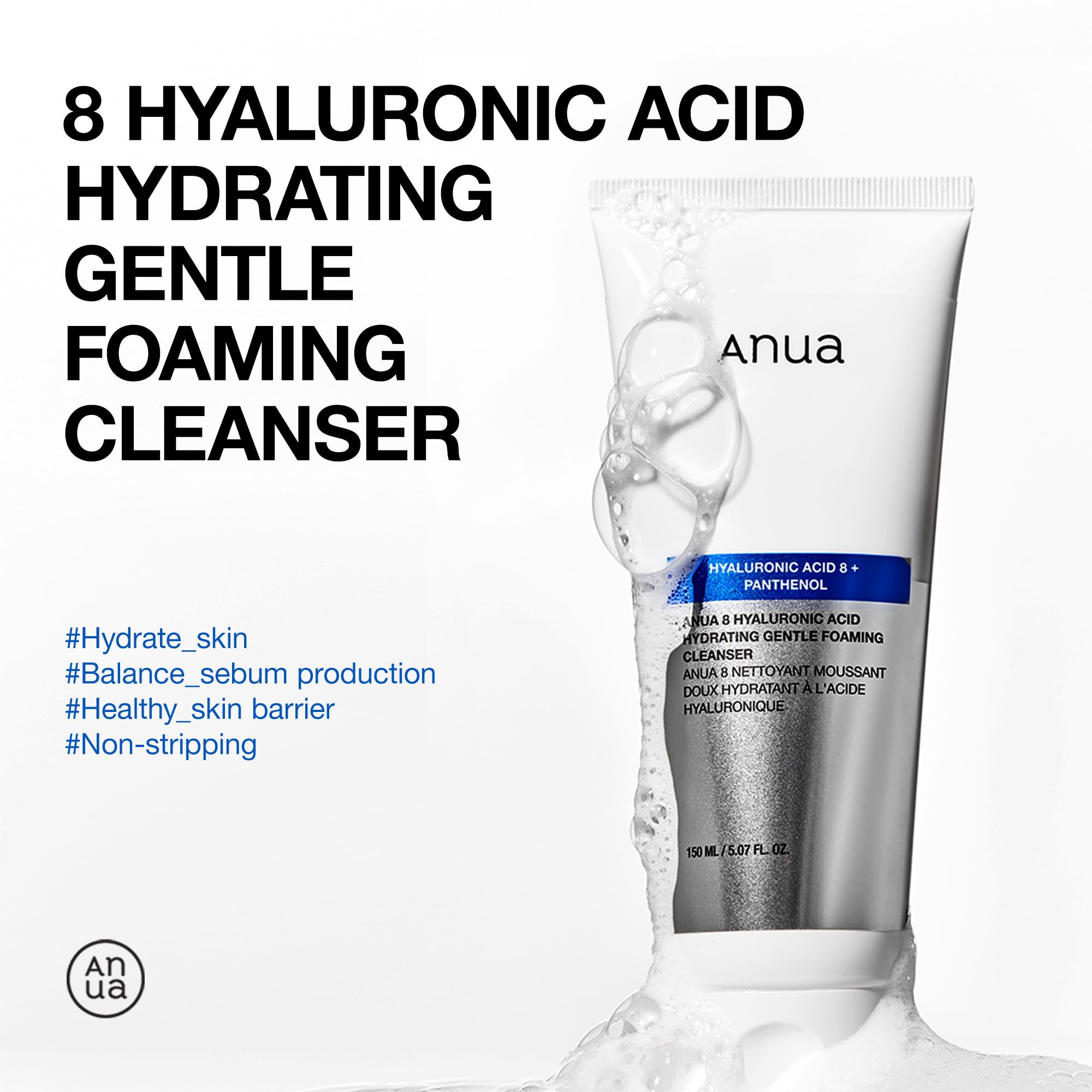 ANUA Hydrating Gentle Foaming Cleanser with Hyaluronic Acid & Glycerin - Korean Face Wash for Dry & Sensitive Skin - Zinc & Panthenol Enriched Formula for Double Cleansing Routine - 150ml/5.07fl oz - Perfect for Morning & Night Skincare Regimen
