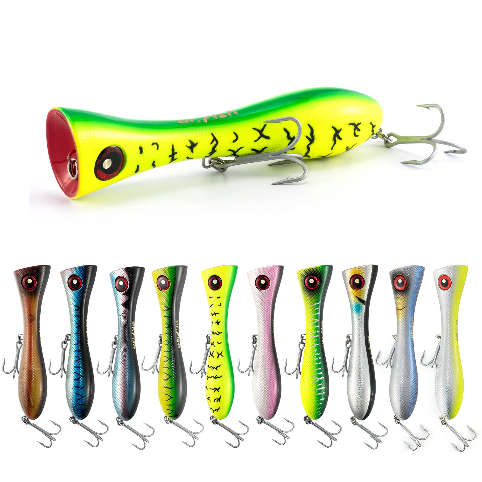 Dr.Fish 8-Inch Topwater Popper Saltwater Fishing Lure with VMC Treble Hooks - GT Popper Surf Fishing Lure for Striper, Tuna & Bluefish - Pencil Popper Offshore Fishing Plug - Ideal for Surf Casting, Trolling & Saltwater Game Fishing