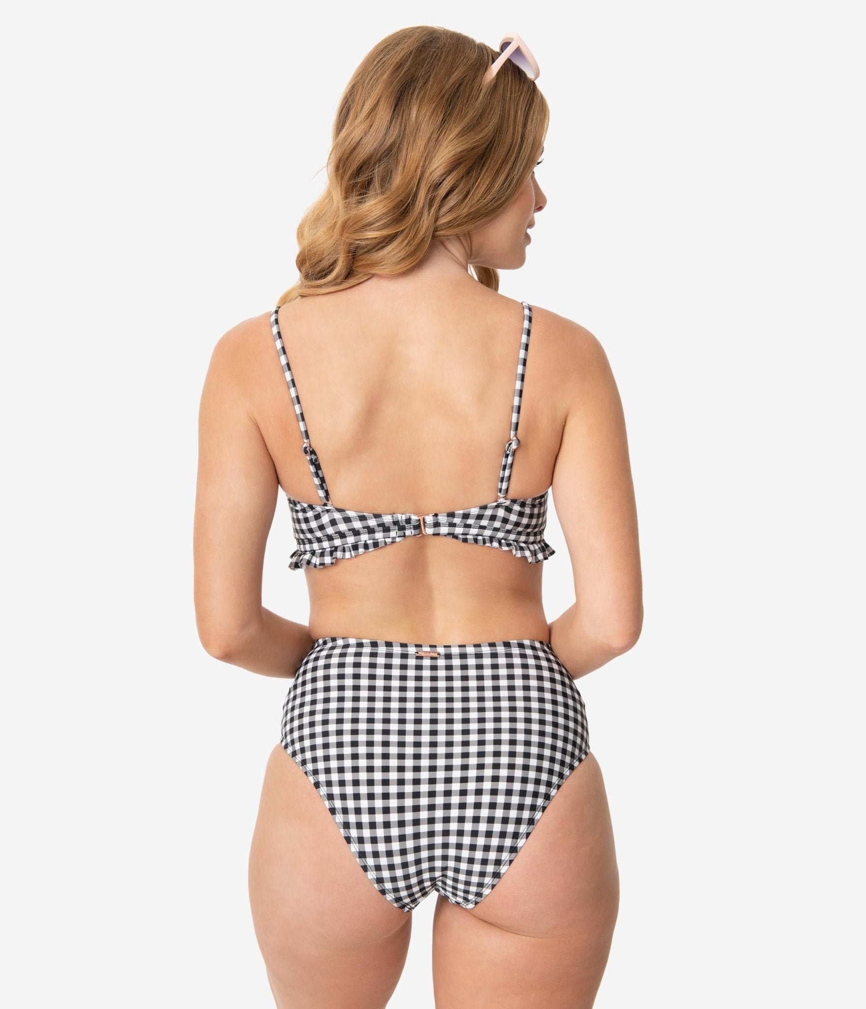 Retro Pin Up Style Black & White Gingham High Waisted Swim Bottoms for Women - Vintage Bathing Suit Bottom for Pool, Beach & Summer Vacations