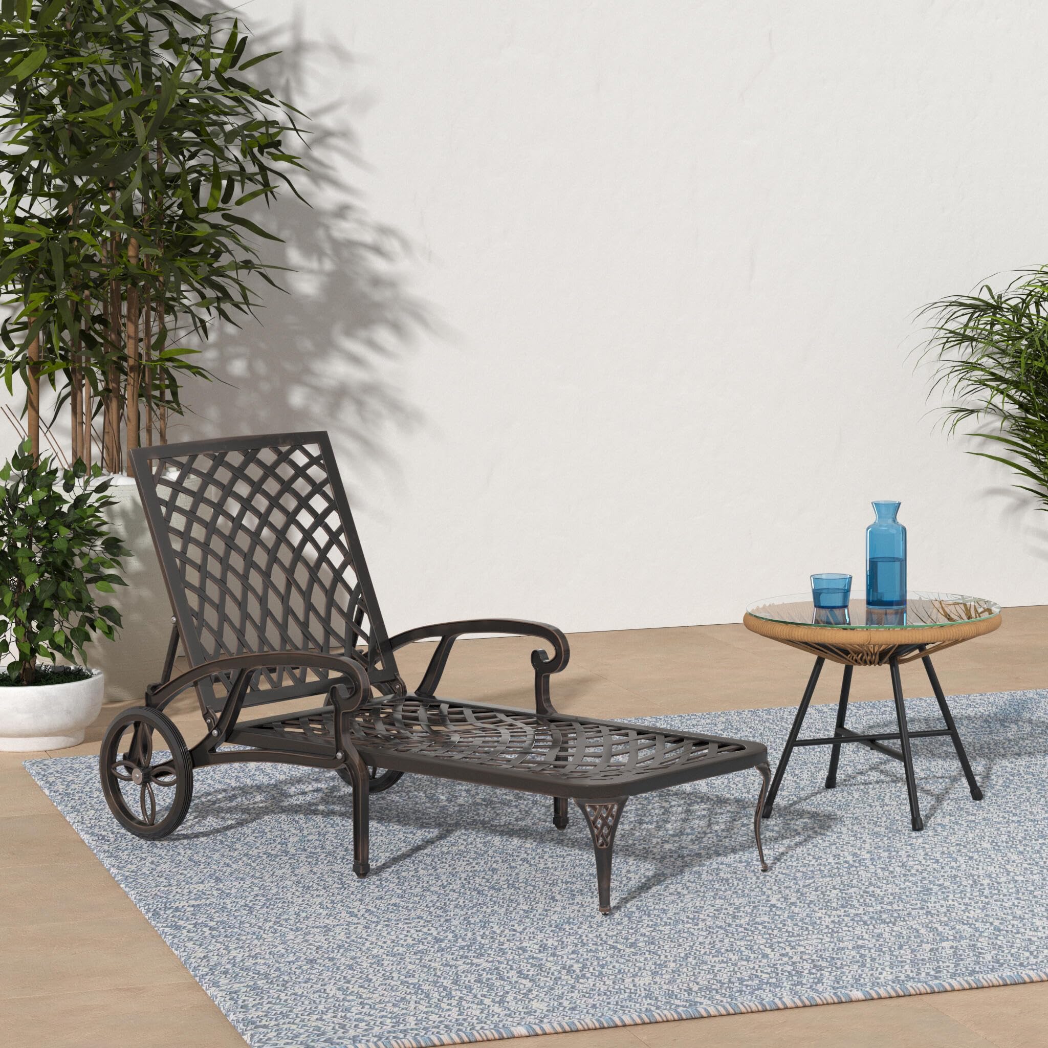 VINGLI Heavy Duty Cast Aluminum Outdoor Chaise Lounge Chair with Wheels - 3-Position Adjustable Backrest Patio Sunbathing Chair for Poolside, Beach & Backyard Relaxation (Bronze, Cushion Not Included)