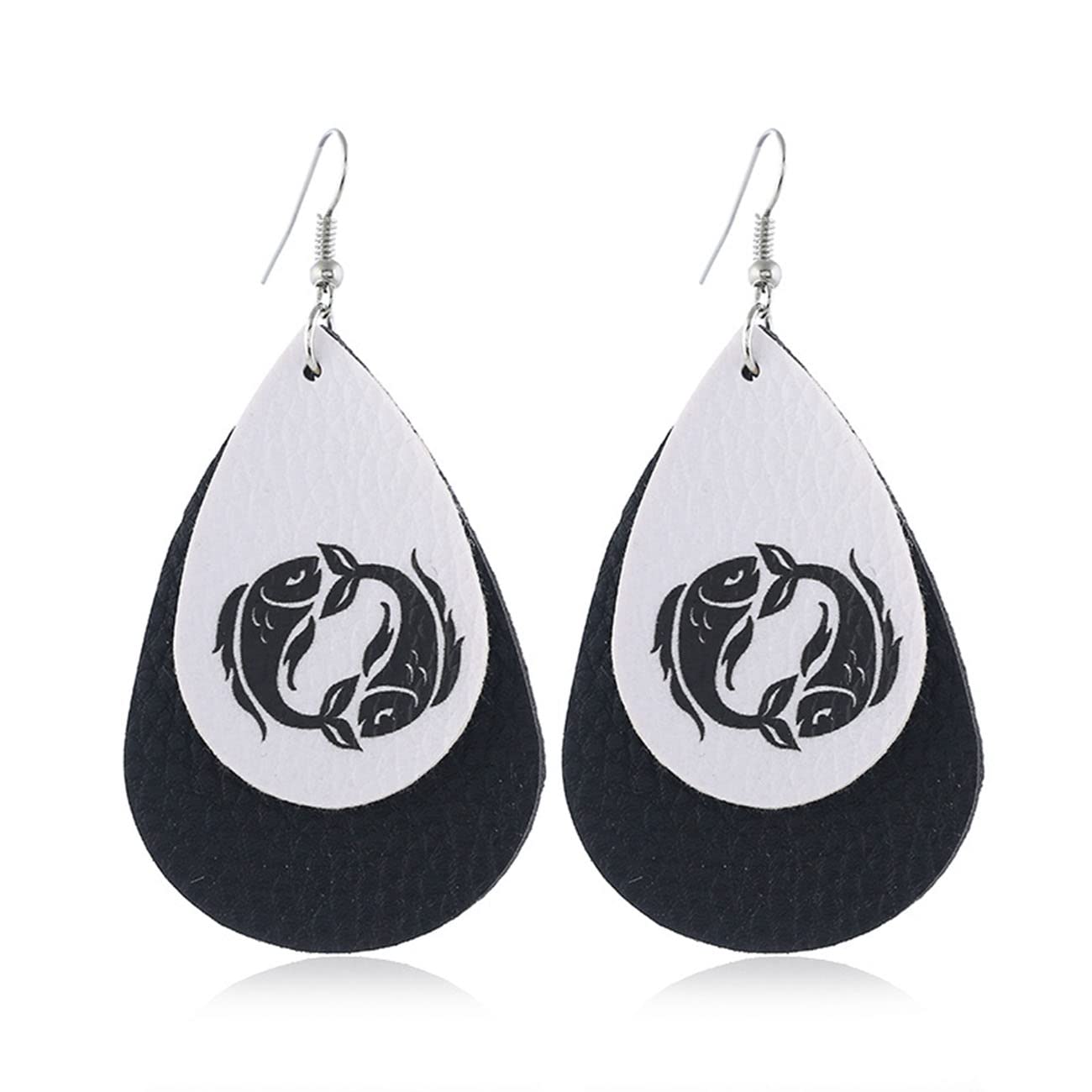 Pisces Zodiac Stud Earrings for Women & Men - Round Water Drop Leather Earrings Set - Simple & Stylish Zodiac Pattern Jewelry - Perfect for Daily Wear, Gifts & Fashion Accessories