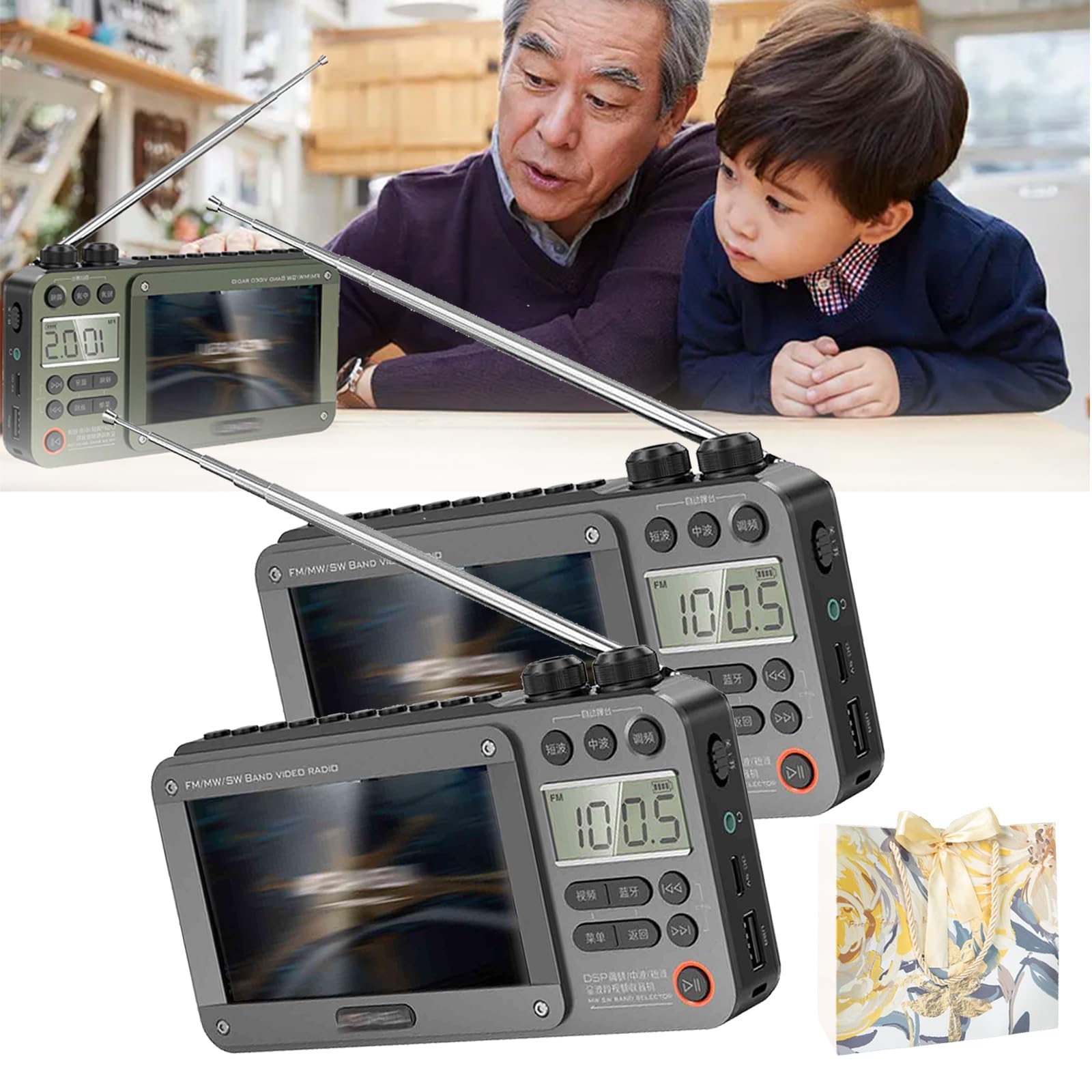 Premium Portable Bluetooth Pocket TV & AM/FM Radio - Full Band Video Receiver with USB/TF Card Support, Built-in Antenna (2 Pack, Grey) - Perfect for Travel, Camping, and Emergency Use