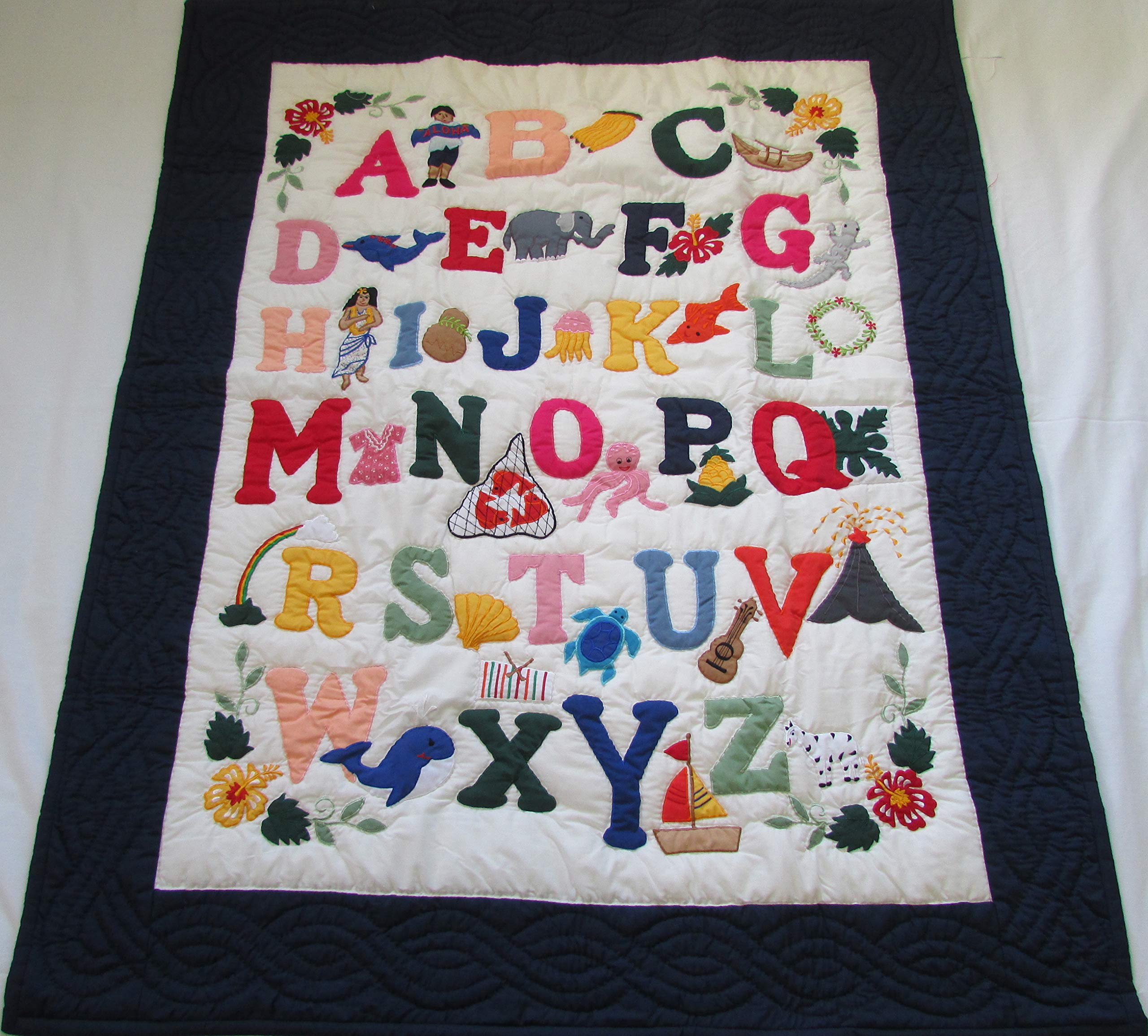 Hawaiian Style Quilt ABC Baby Blanket - Handmade Wall Hanging Nursery Decor, Hand Quilted & Machine Appliqued - Perfect for Baby Showers, Nursery Rooms and Hawaiian Themed Gifts