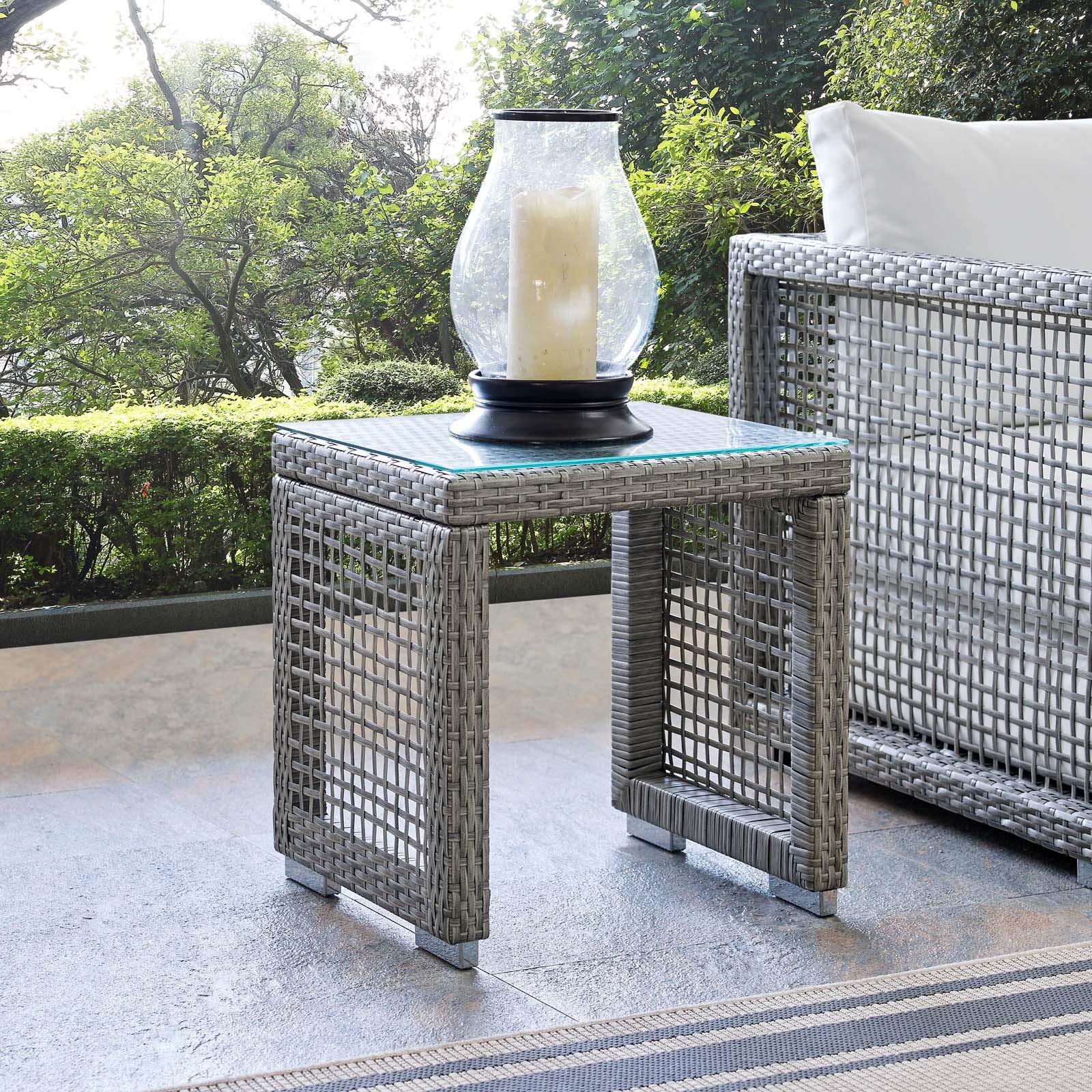 Modway Aura Outdoor Patio Side Table - Gray Wicker Rattan Coffee Table for Garden, Poolside & Balcony Decor