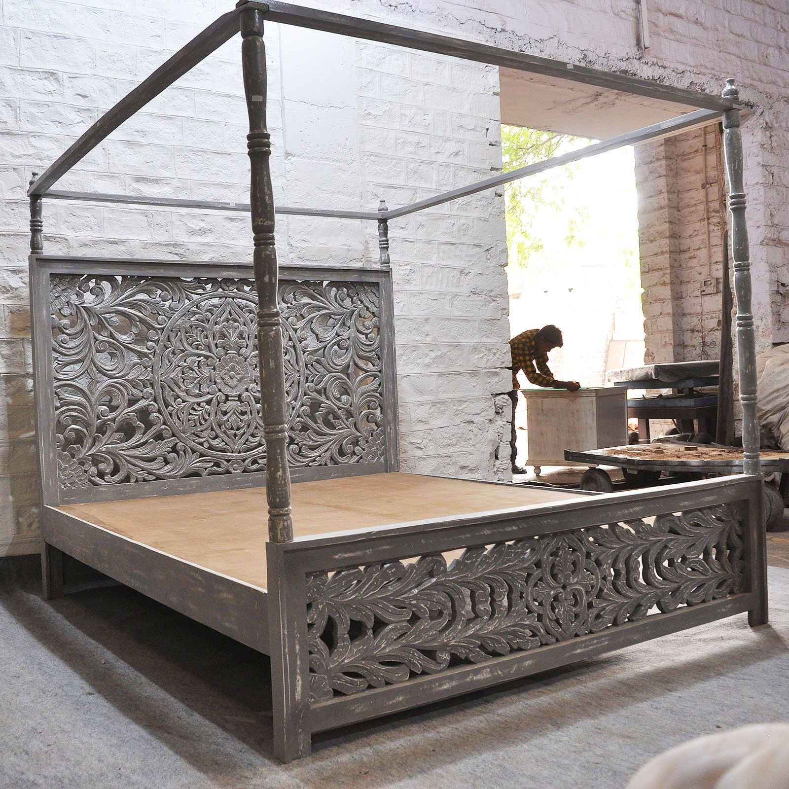 Hand Carved Indian Wooden 4 Poster Bed Frame - Grey Finish | Solid Wood King Size Bed with Canopy | Perfect for Master Bedroom, Boho Chic Decor & Luxury Bedroom Design