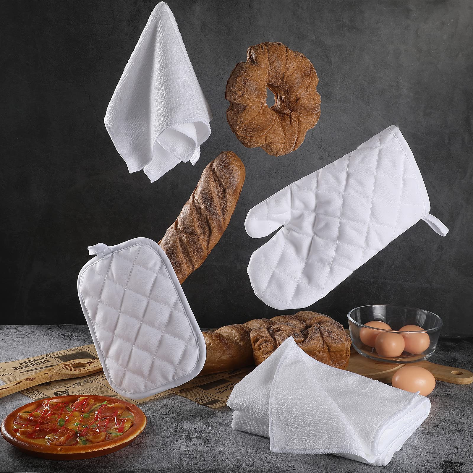 10-Piece Sublimation-Ready Oven Mitt Set - 2 Heat Resistant Gloves, 2 Hot Pads, 2 Kitchen Towels & 4 Dish Towels - DIY Customizable Kitchen Accessories for Baking, Cooking & Home Decor (White)