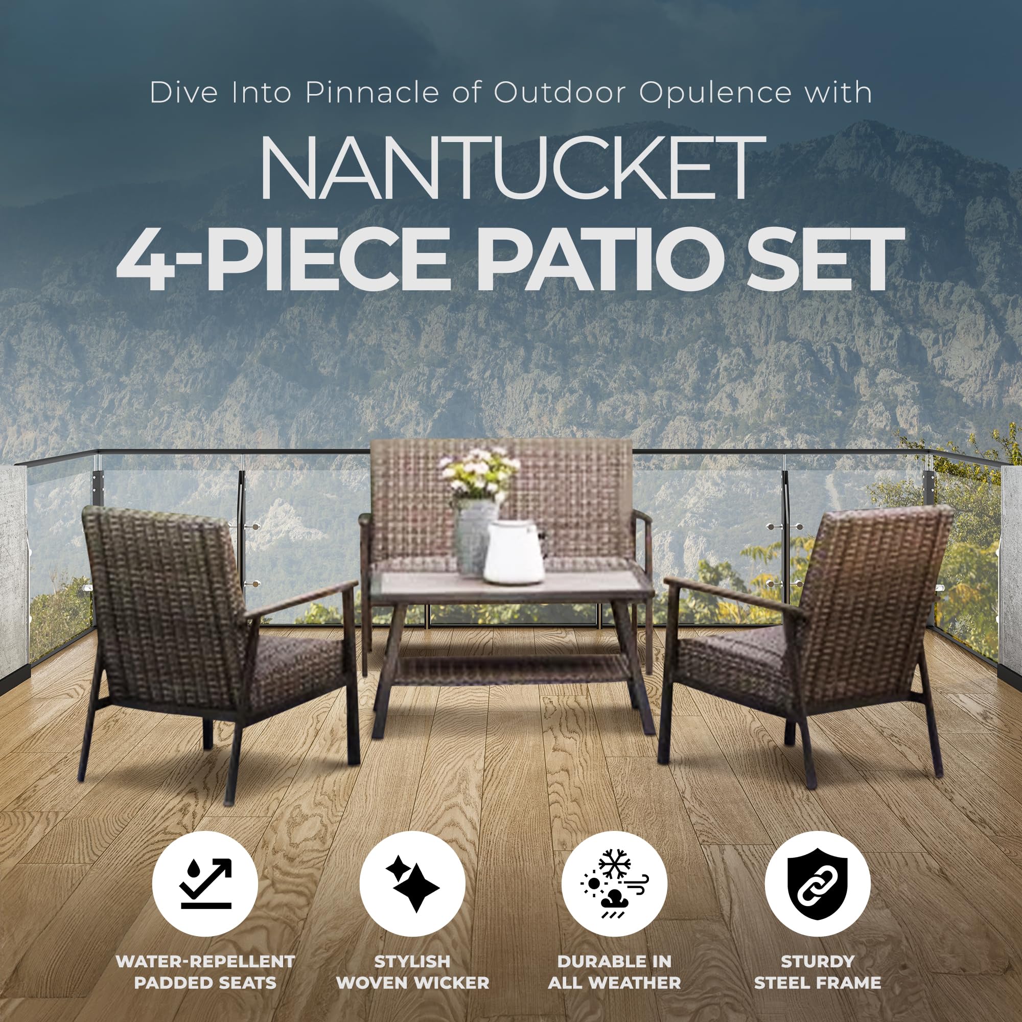Nantucket 4-Piece All-Weather Outdoor Patio Furniture Set - 2 Chairs, Loveseat & Rectangular Table in Brown - Perfect for Backyard, Poolside & Garden Relaxation