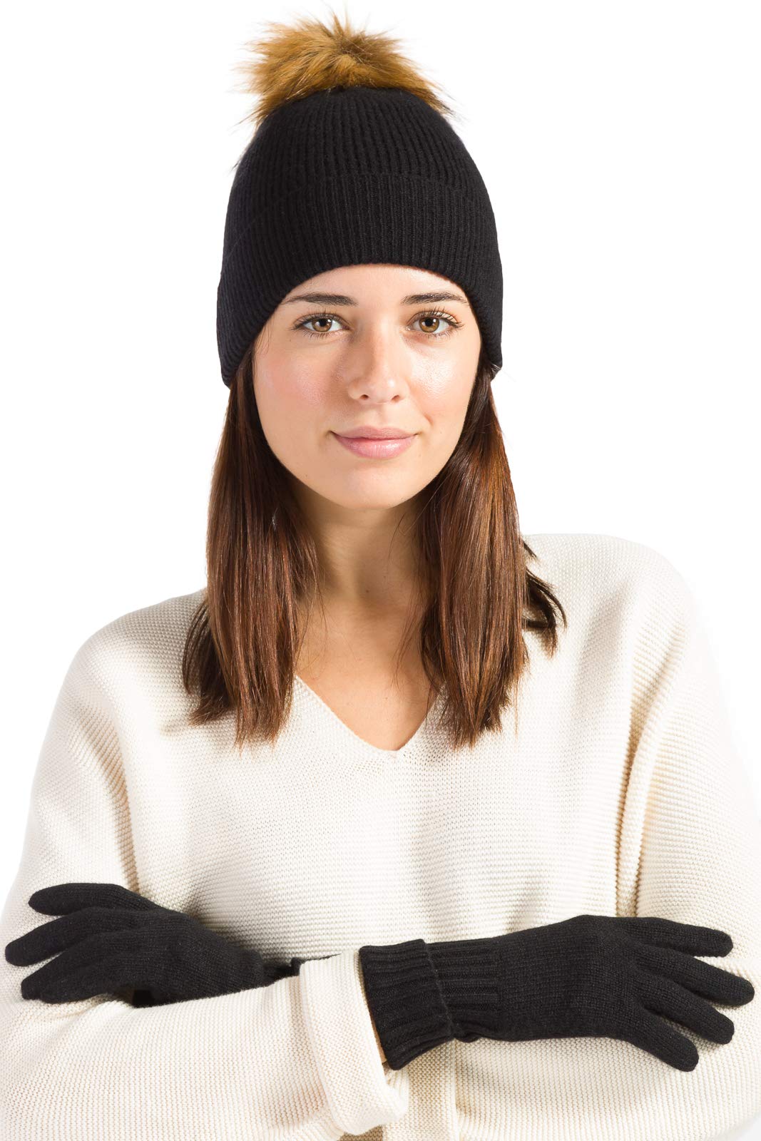 Fishers Finery Women's 100% Cashmere Pom Hat and Glove Set with Gift Box - Winter Warm Accessories for Cold Weather & Outdoor Activities