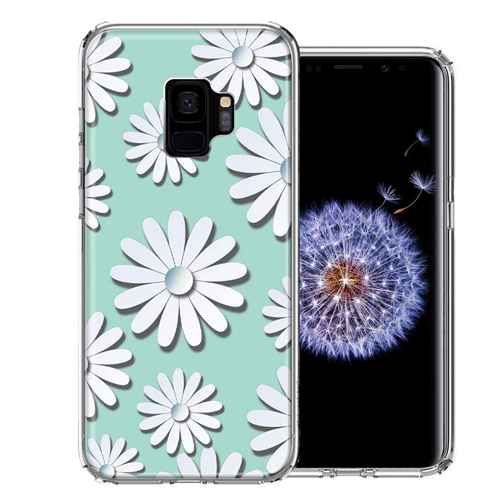 Samsung Galaxy S9 Phone Case - White Teal Daisies Design Double Layer Protective Cover | Slim Fit, Shockproof Protection for Everyday Use & Travel