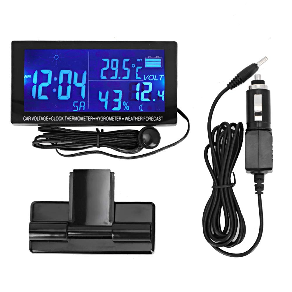 Universal Digital Car Clock with Thermometer, Hygrometer & Voltmeter - Weather Forecast Display for Dashboard - Perfect for Road Trips & Daily Commutes