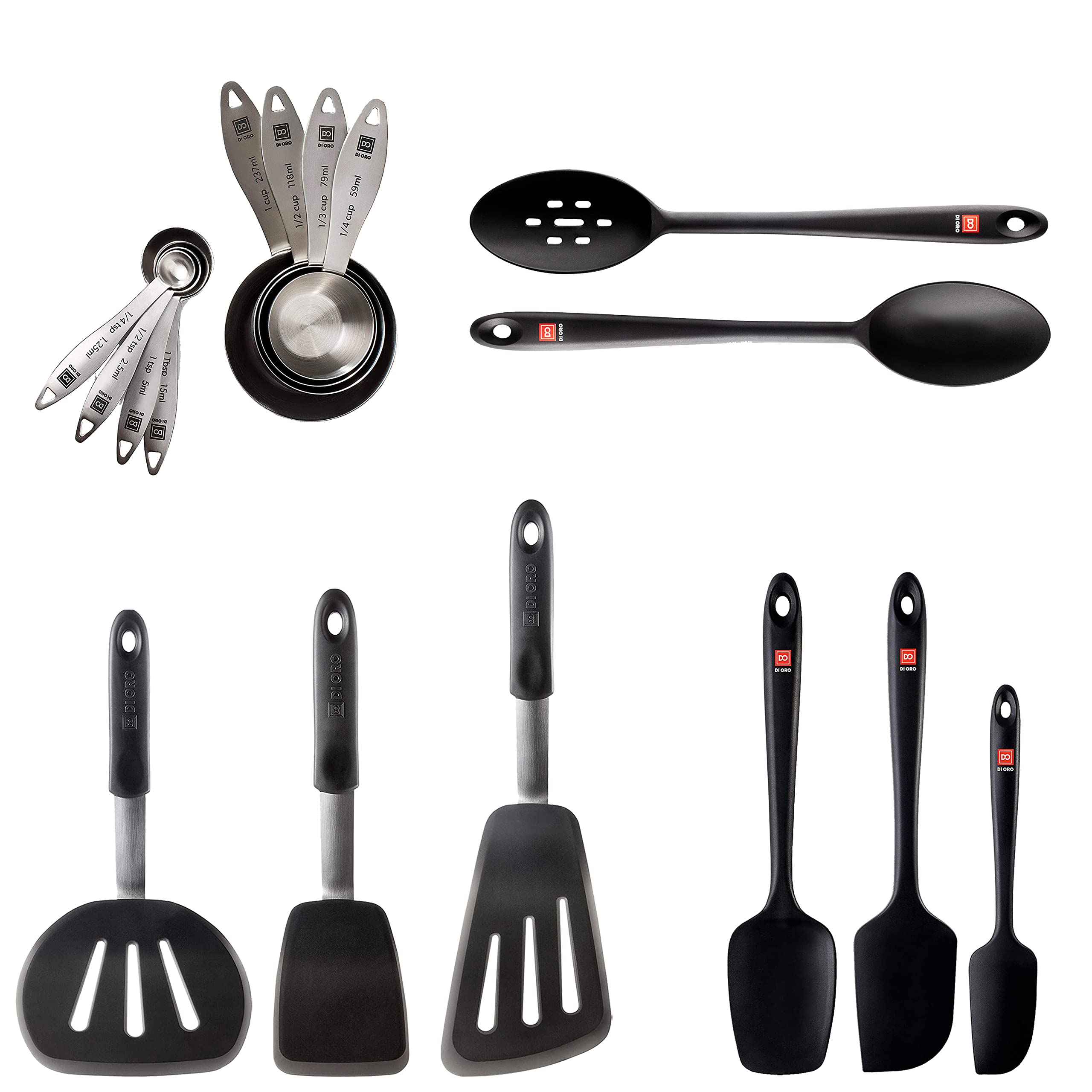 DI ORO 16-Piece Premium Kitchen Utensil Set - 3 Silicone Spatulas, 8-Piece Stainless Steel Measuring Cups, 3 Seamless Cooking Spatulas & 2 Silicone Spoons - Heat-Resistant Up to 600°F - Perfect for Baking, Cooking & Meal Prep