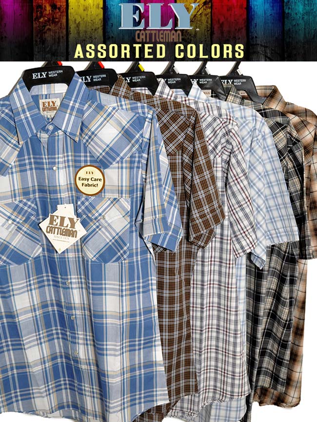 Ely Cattleman Men's Western Short Sleeve Plaid Shirt - Casual Cowboy Style Button Up Shirt for Men (Assorted Colors) - Perfect for Rodeo, Ranch Work & Country Fashion