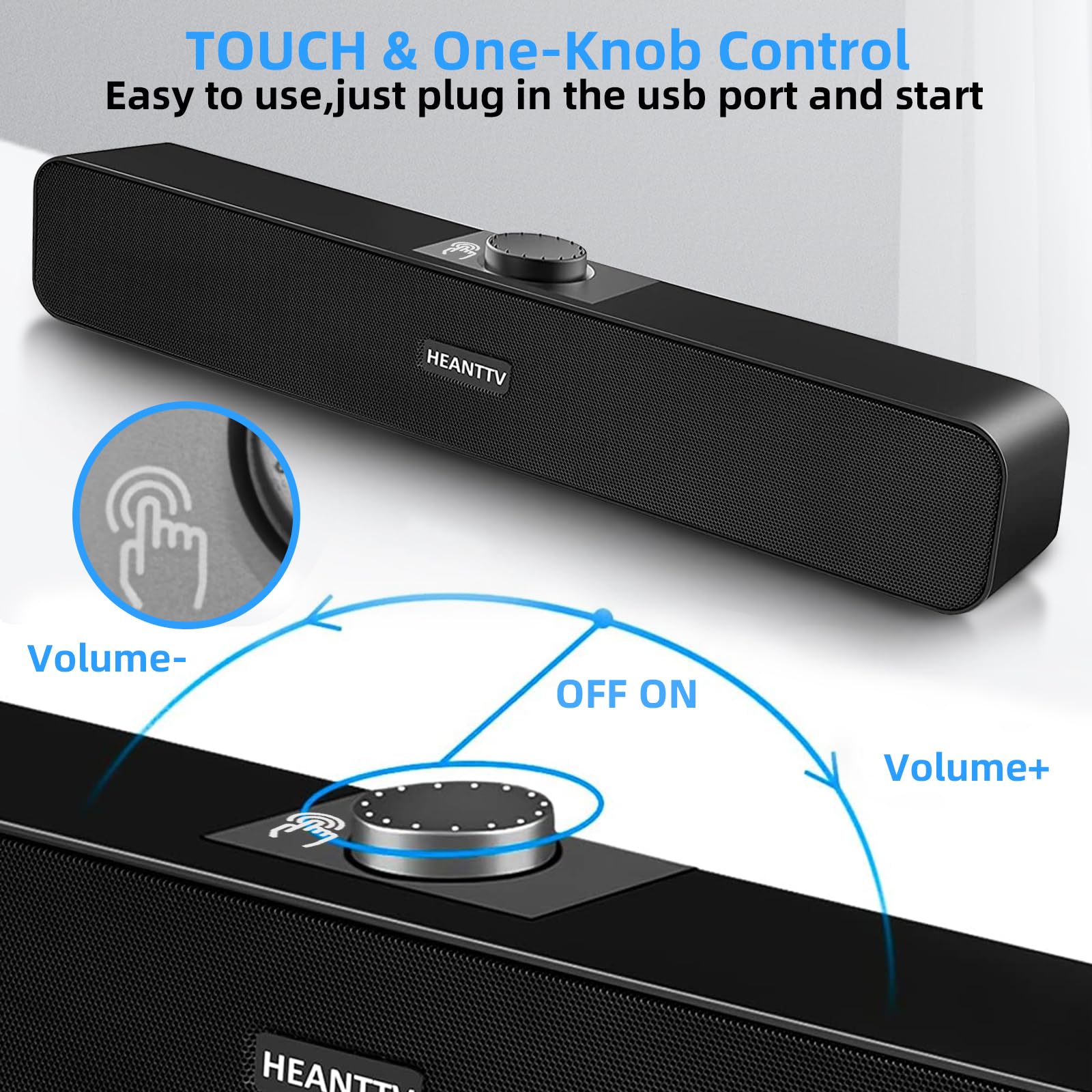 USB PC Speakers with Volume Control - Stereo Sound Bar for Monitor, Laptop, PS5 & Smartphones - Perfect for Gaming & Home Office
