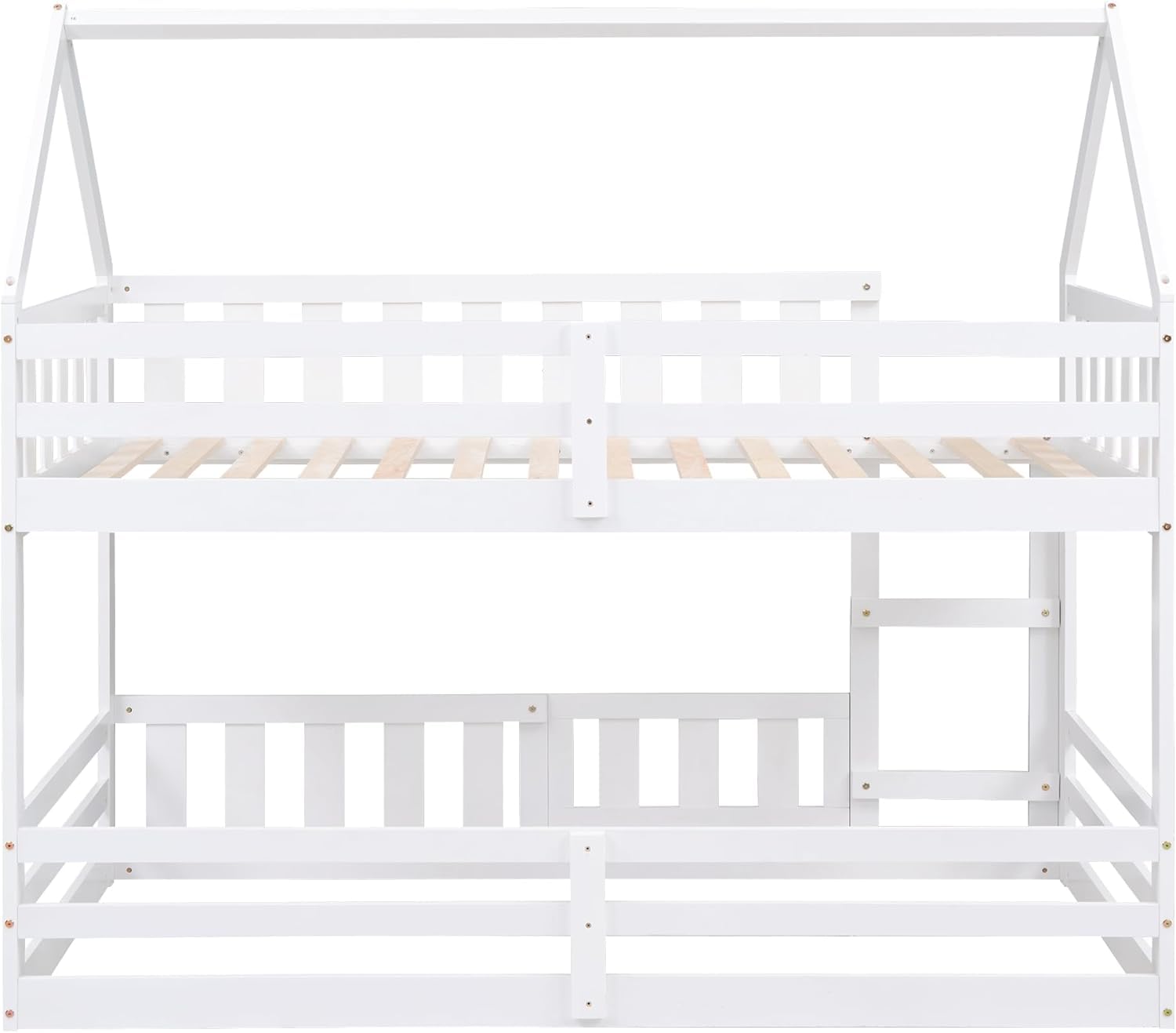 **MERITLINE Wooden Twin Over Twin Bunk Bed with Fence, Door & Roof - Kids Loft Bed for Girls & Boys - Easy Assembly, White - Perfect for Small Bedrooms & Shared Spaces**
