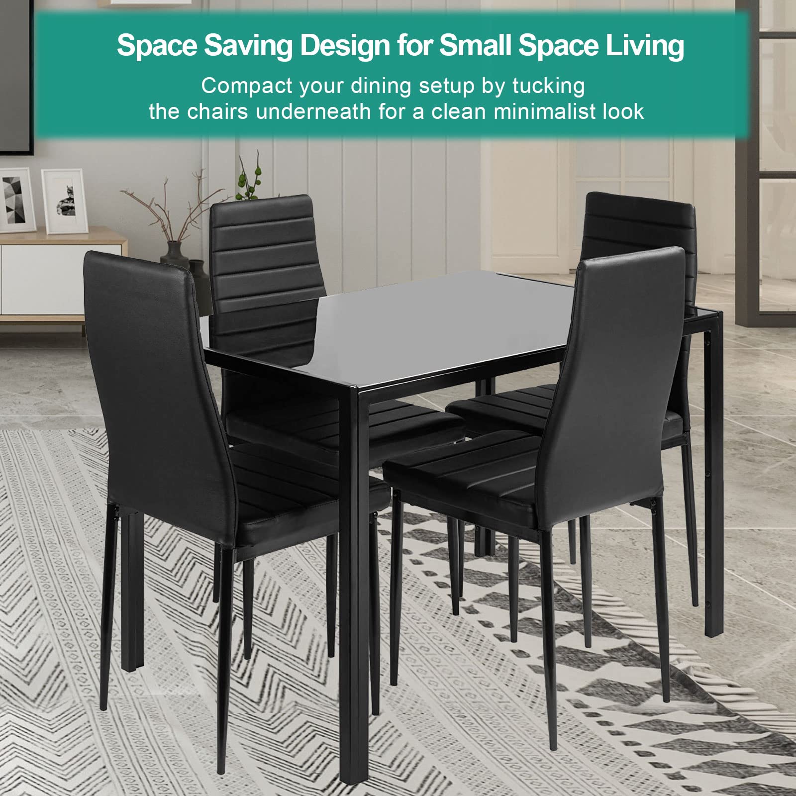 5-Piece Black Dining Table Set for 4 with Tempered Glass Top & Faux Leather Chairs - Space-Saving Kitchen Furniture for Small Apartments, Breakfast Nooks & Compact Dining Areas