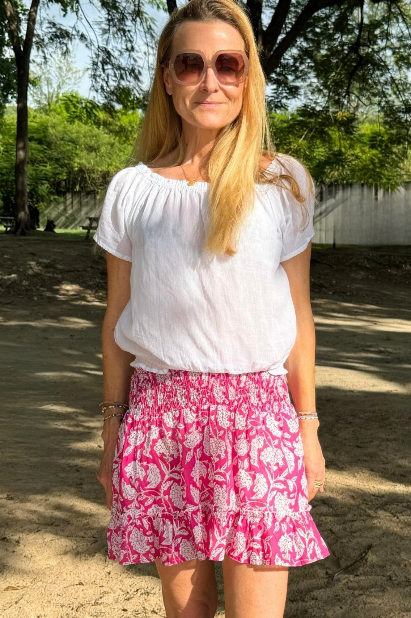Emani Organic Cotton Skirt for Women - Soft & Comfortable Floral Print Midi Skirt | Dianthus Pink/White | Perfect for Summer Outfits, Beach Vacations & Casual Wear
